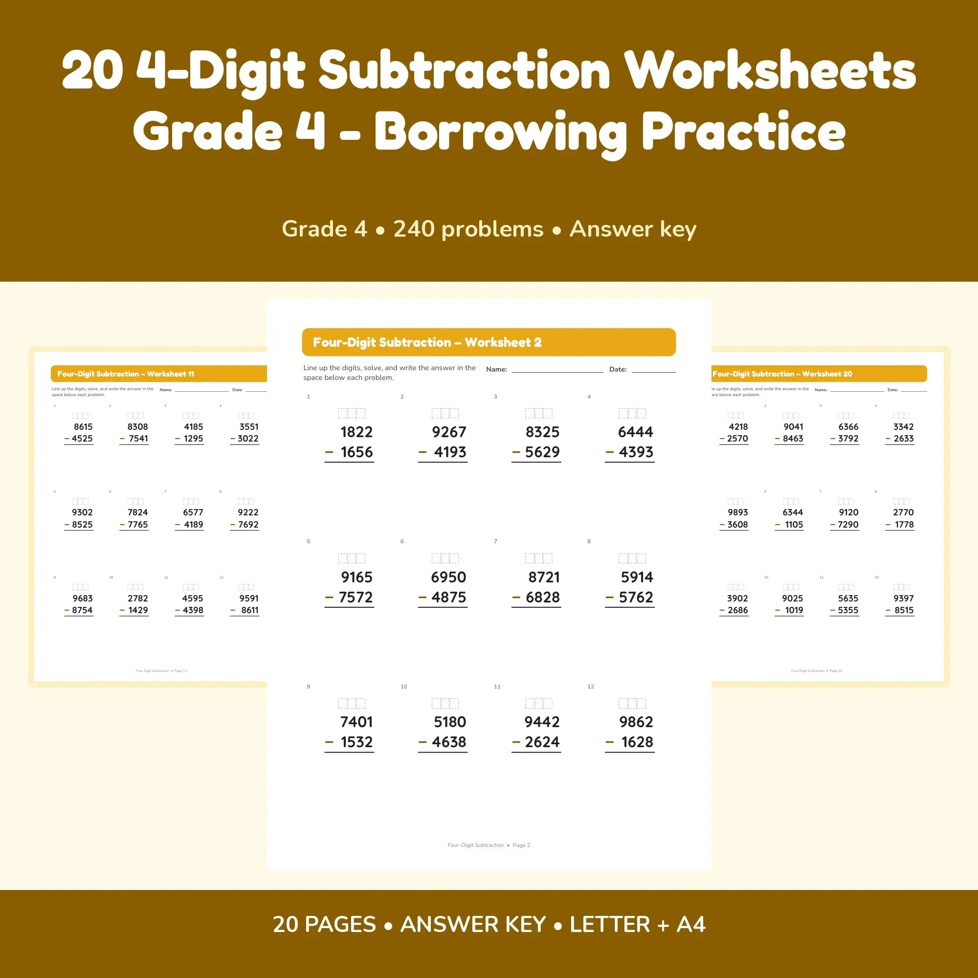 20 4-Digit Subtraction Worksheets Grade 4 - Borrowing Practice preview