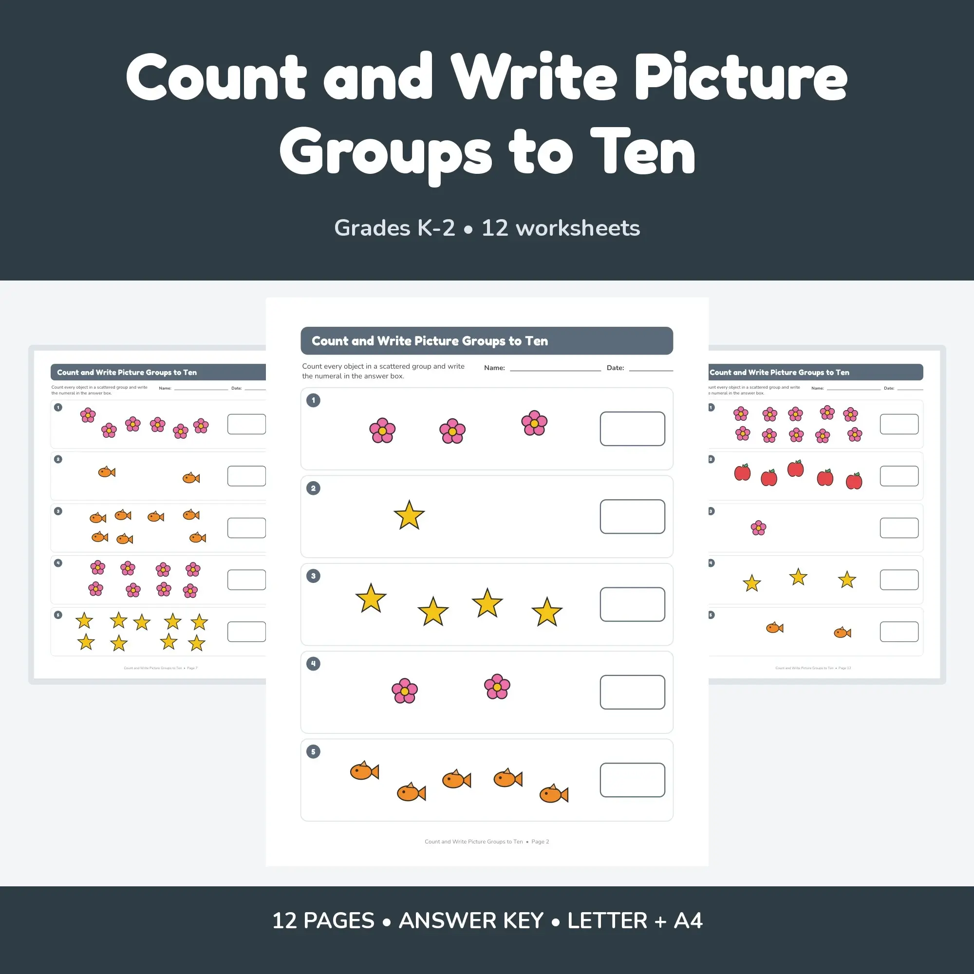 Count and Write Picture Groups to Ten - 12 Worksheets + Key preview