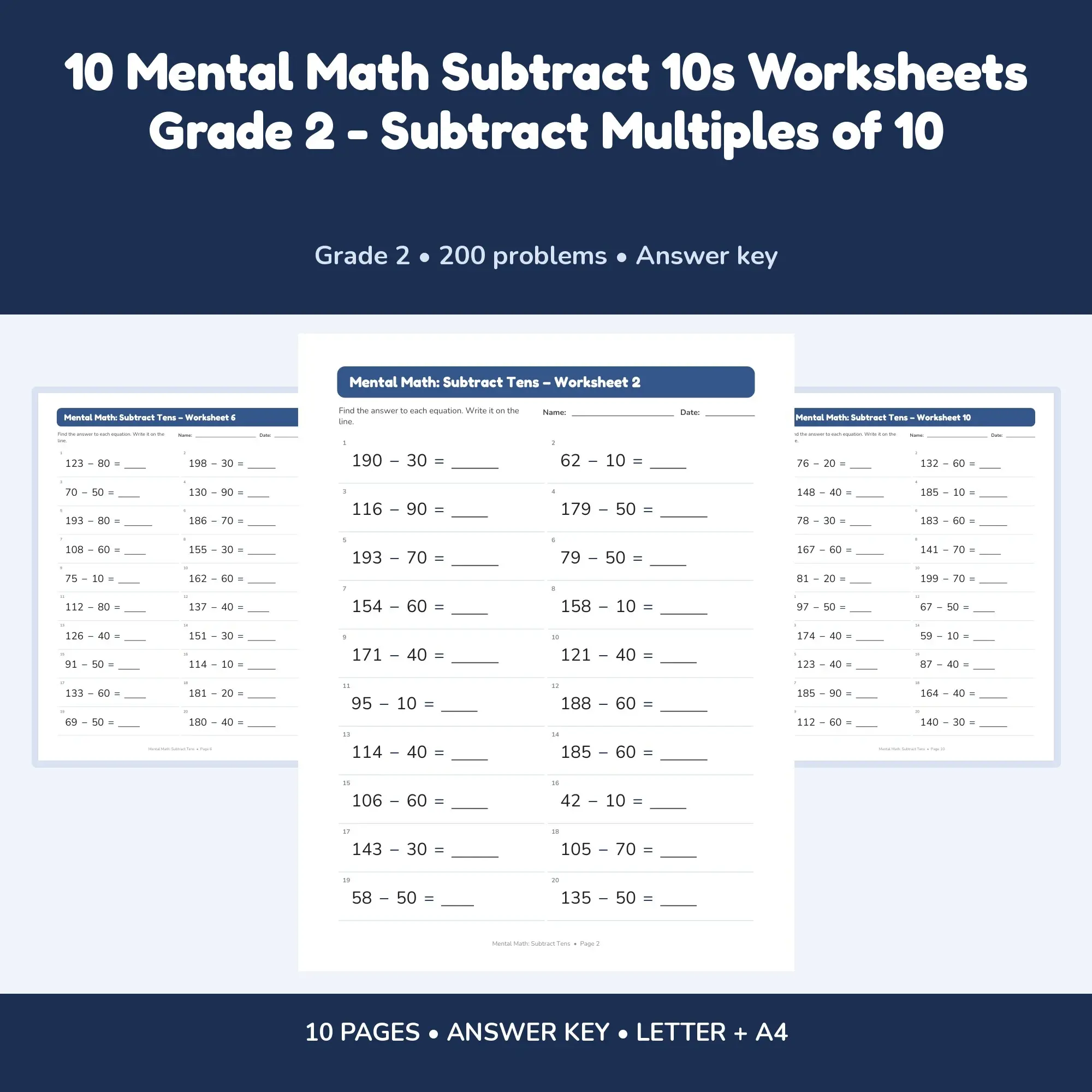 10 Mental Math Subtract 10s Worksheets Grade 2 - Subtract Multiples of 10 preview