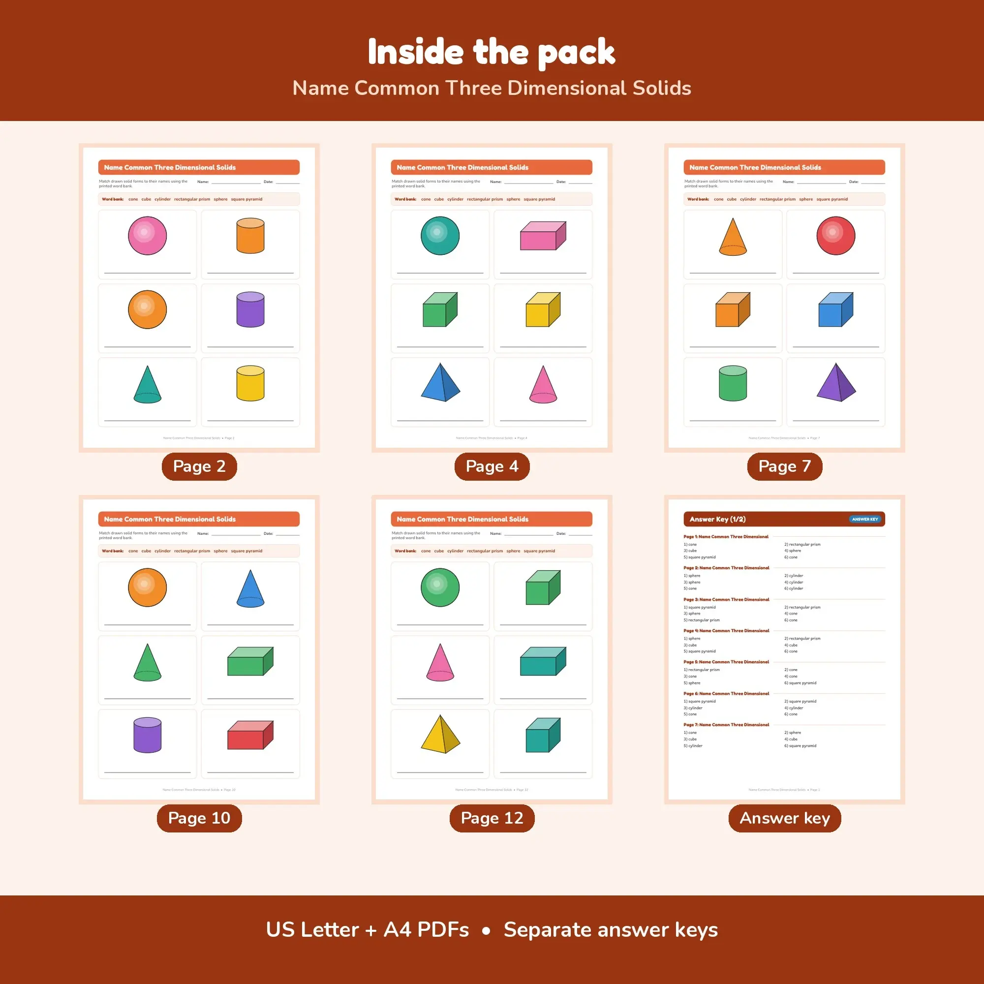 Name Common Three Dimensional Solids - 12 Worksheets + Key, preview 2 of 2