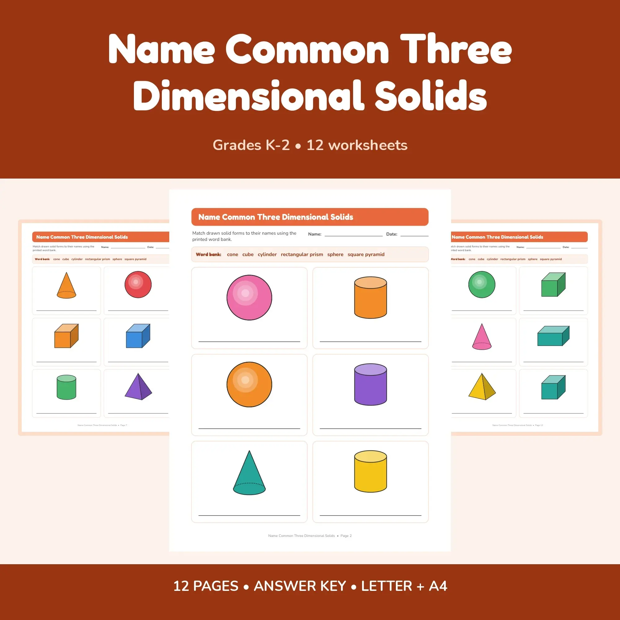 Name Common Three Dimensional Solids - 12 Worksheets + Key preview
