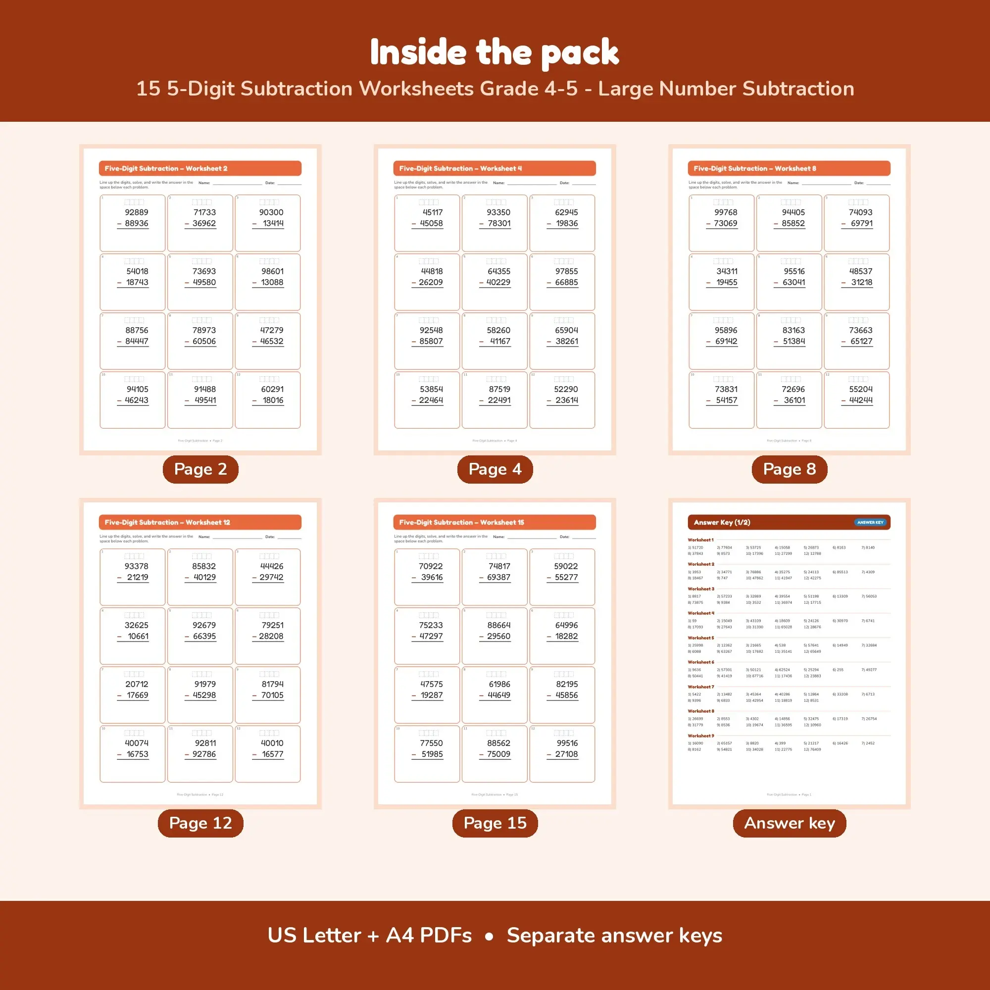 15 5-Digit Subtraction Worksheets Grade 4-5 - Large Number Subtraction, preview 2 of 2