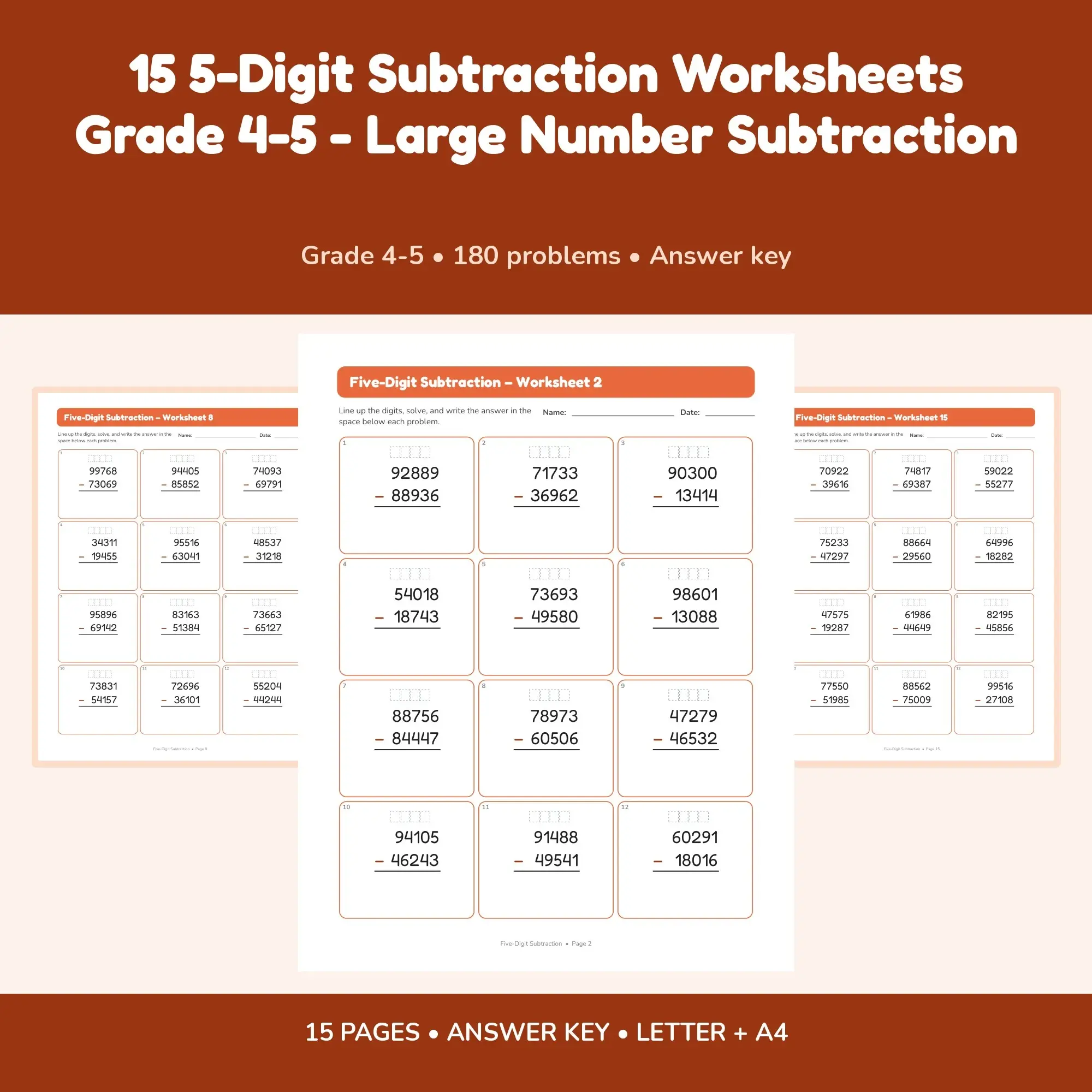 15 5-Digit Subtraction Worksheets Grade 4-5 - Large Number Subtraction preview