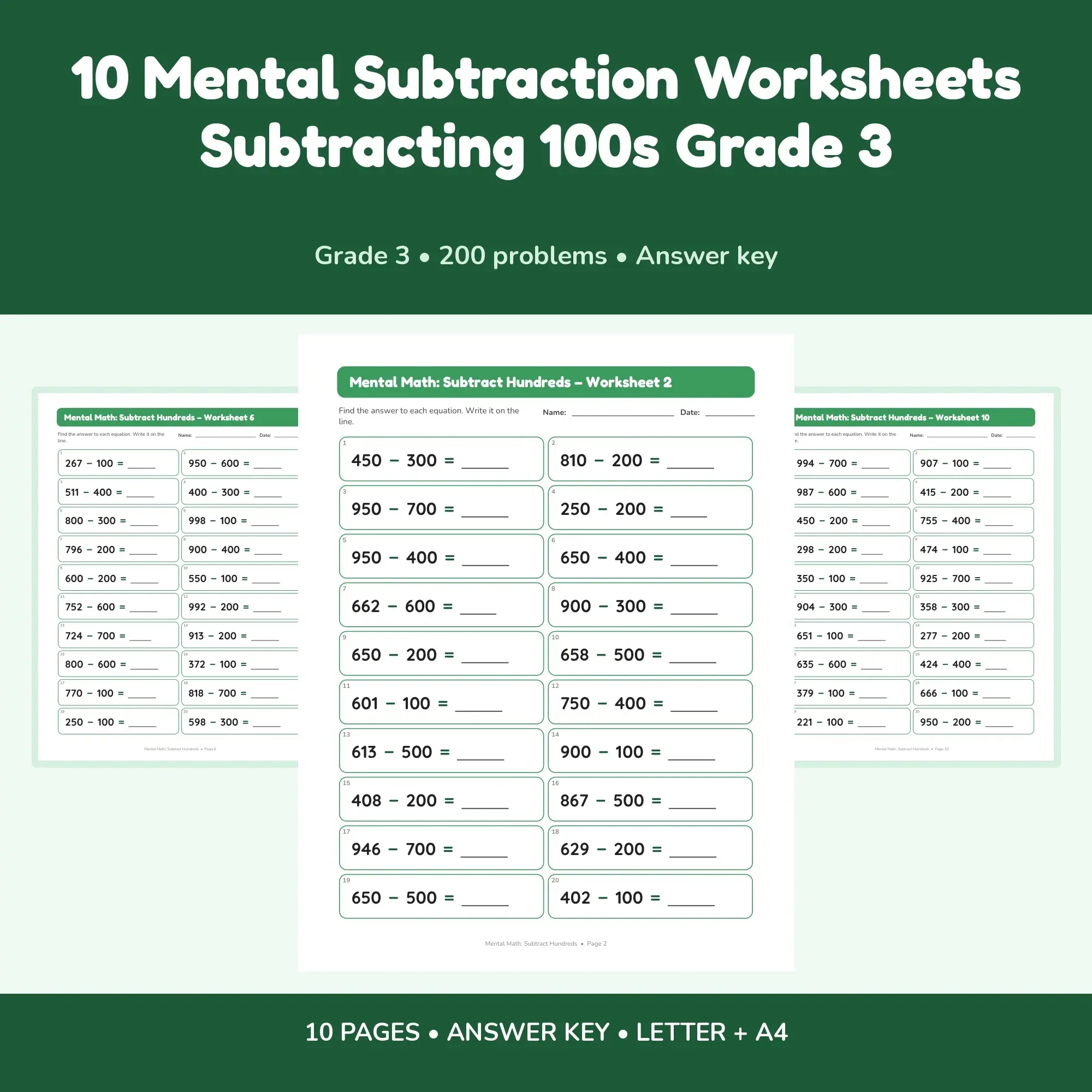 10 Mental Subtraction Worksheets Subtracting 100s Grade 3 preview