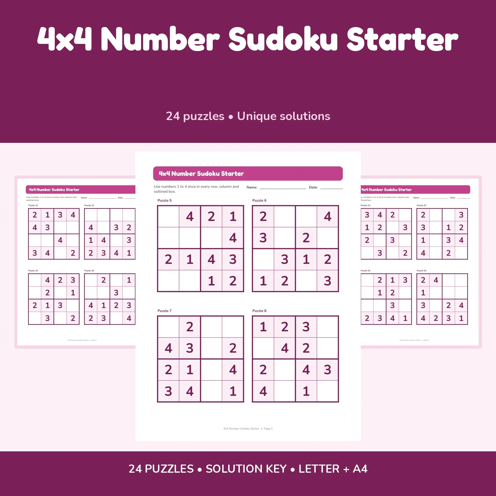 4x4 Number Sudoku Starter - 24 Puzzles + Solutions preview