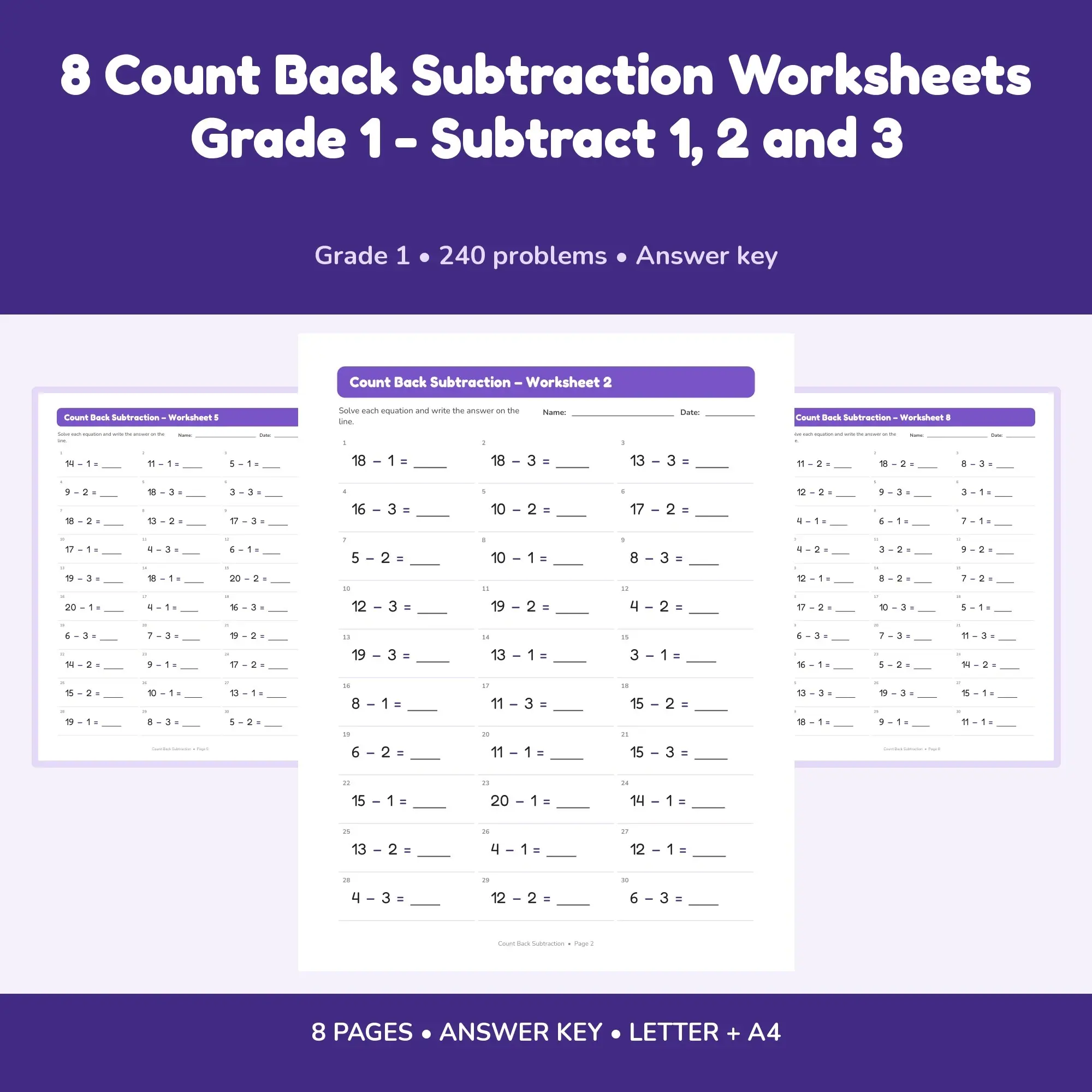 8 Count Back Subtraction Worksheets Grade 1 - Subtract 1, 2 and 3 preview