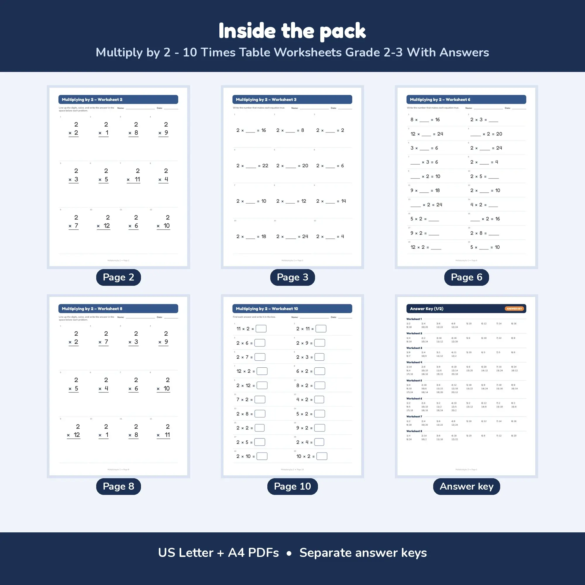 Multiply by 2 - 10 Times Table Worksheets Grade 2-3 With Answers, preview 2 of 2