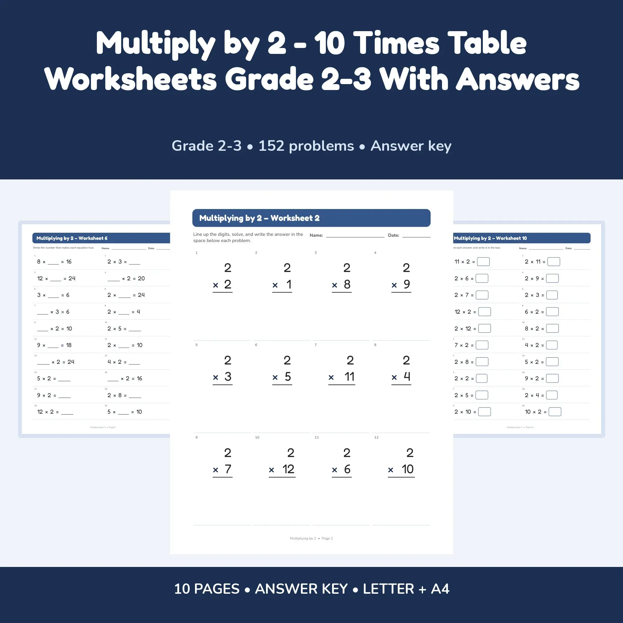 Multiply by 2 - 10 Times Table Worksheets Grade 2-3 With Answers, preview 1 of 2