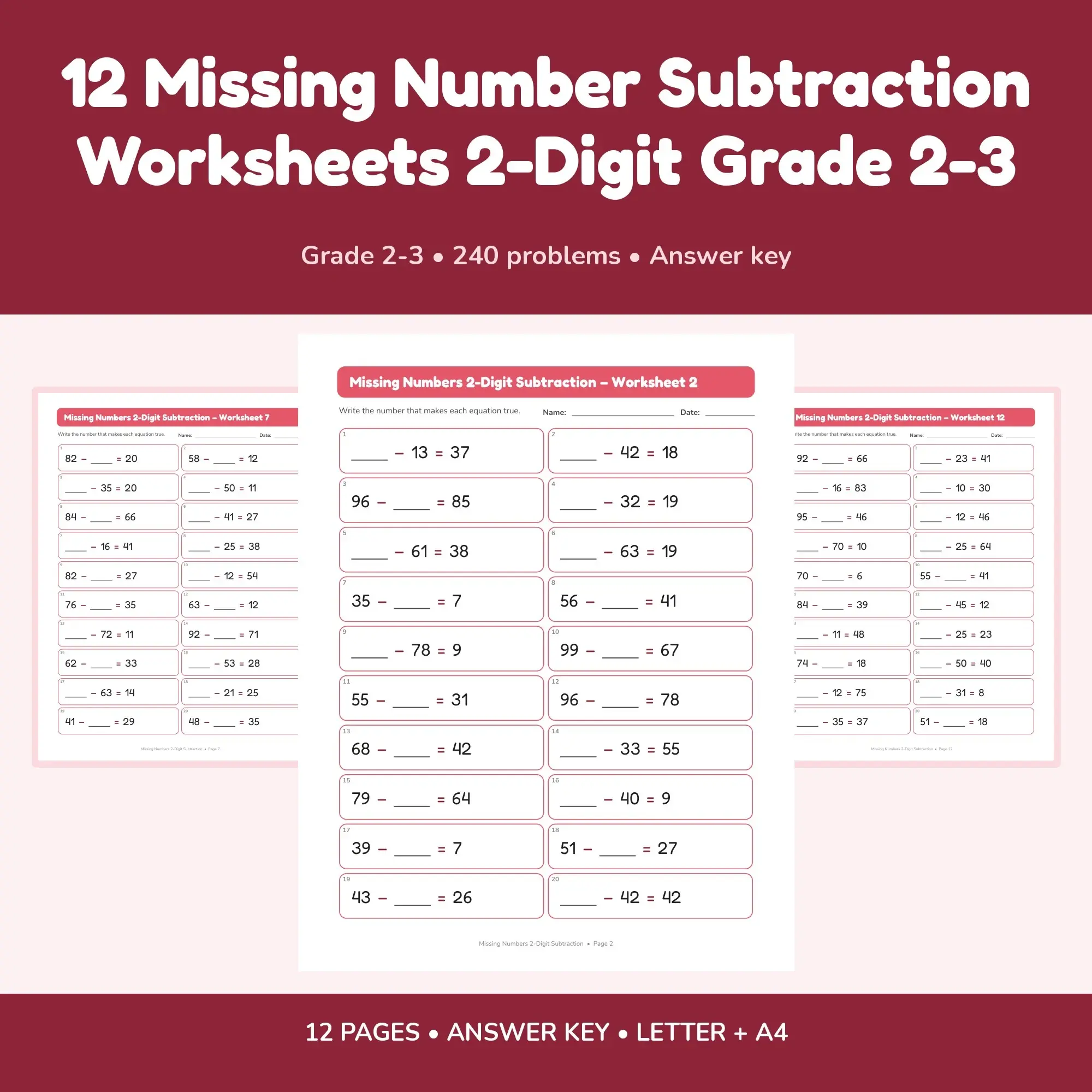 12 Missing Number Subtraction Worksheets 2-Digit Grade 2-3 preview