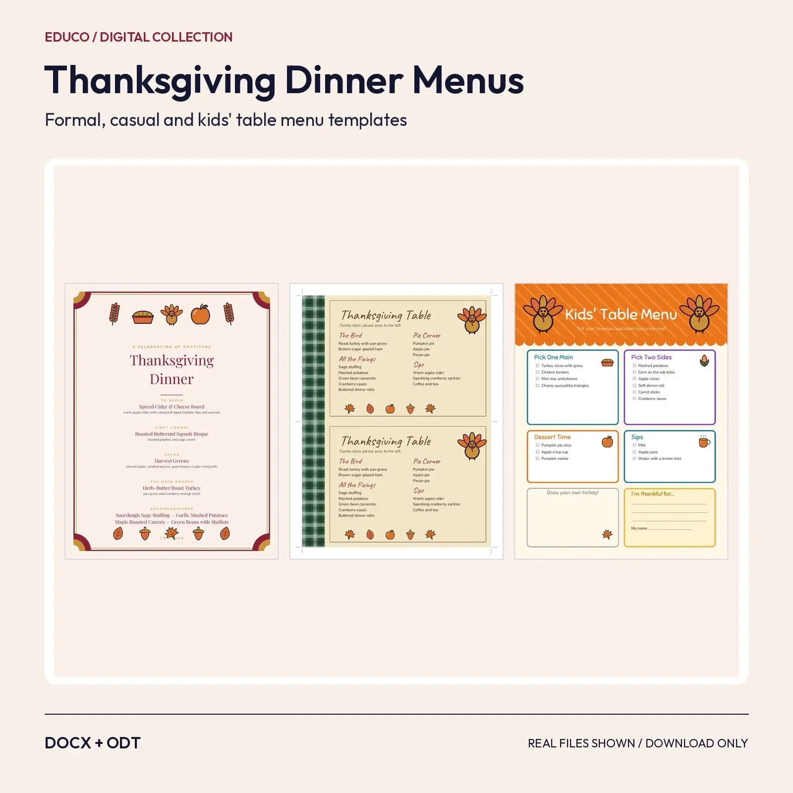 Thanksgiving Dinner Menu Templates – Formal, Casual Family-Style and Kids Table Menus, Editable DOCX and ODT preview