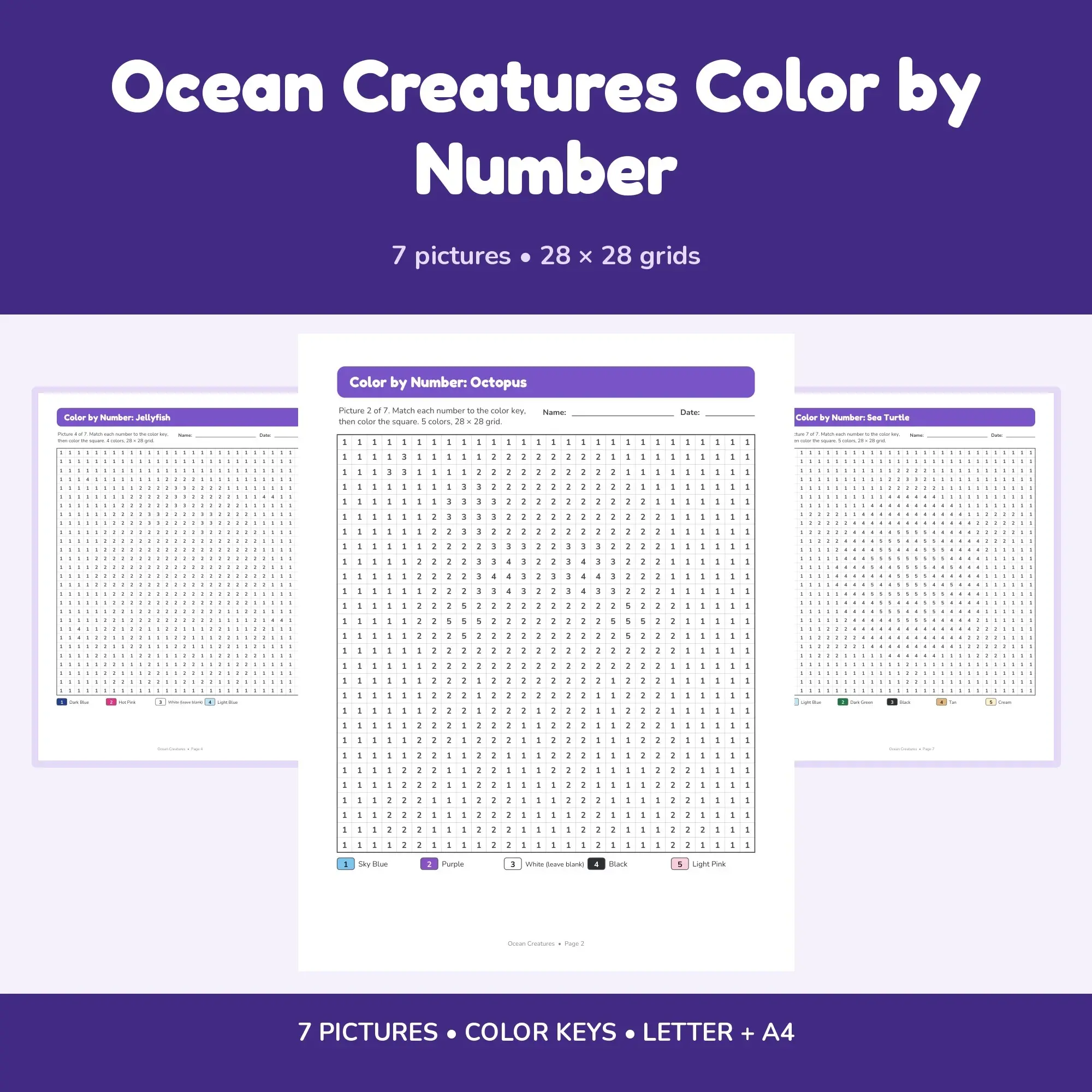 Ocean Creatures Color by Number - 7 Pixel Pictures preview