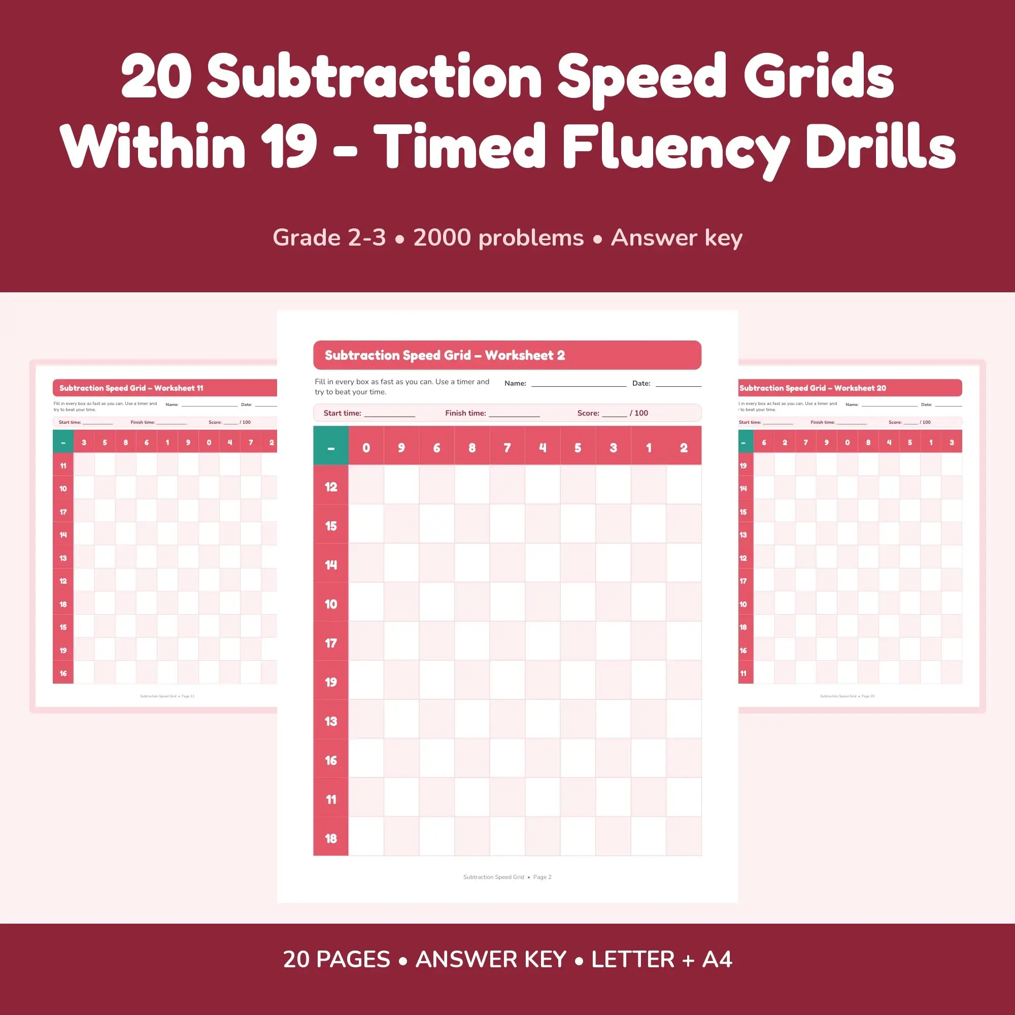 20 Subtraction Speed Grids Within 19 - Timed Fluency Drills preview