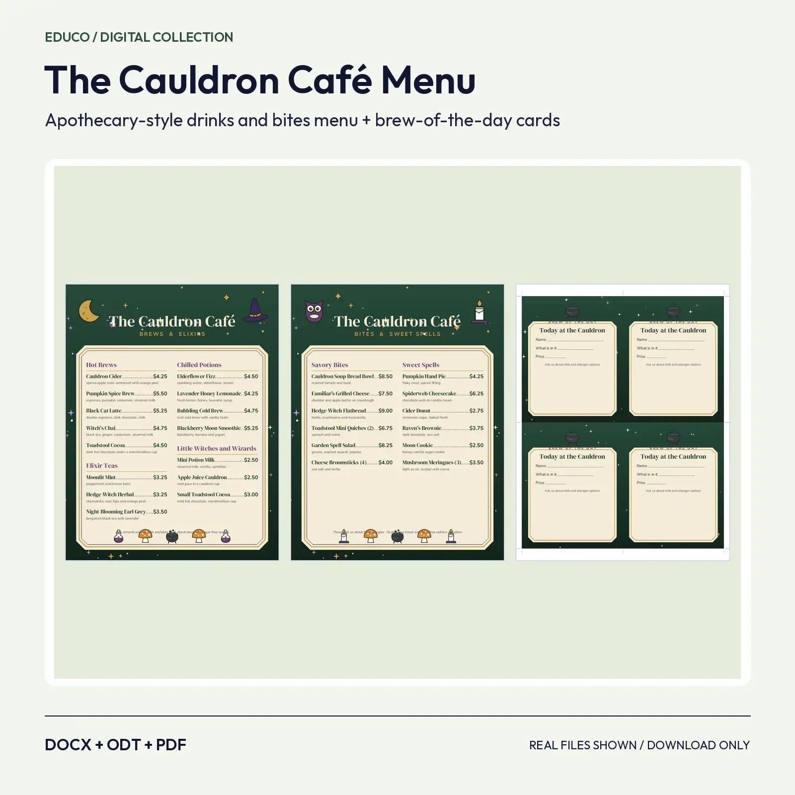 Witch's Cauldron Café Menu Template – Apothecary-Style Drinks and Bites Menu, Editable DOCX, ODT and PDF preview