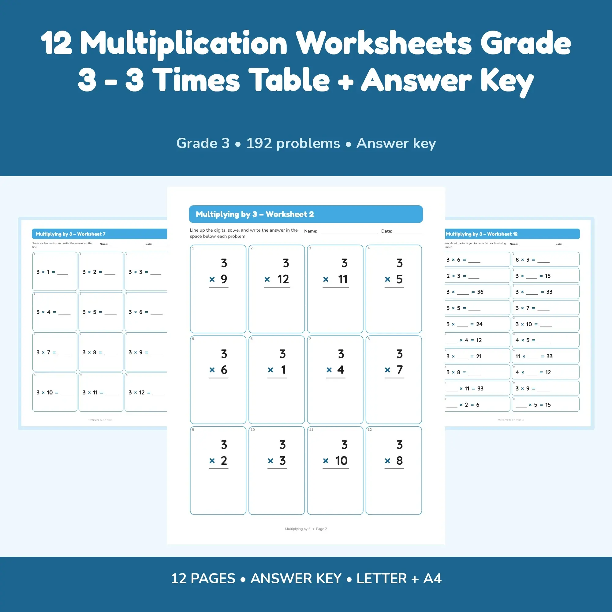 12 Multiplication Worksheets Grade 3 - 3 Times Table + Answer Key preview