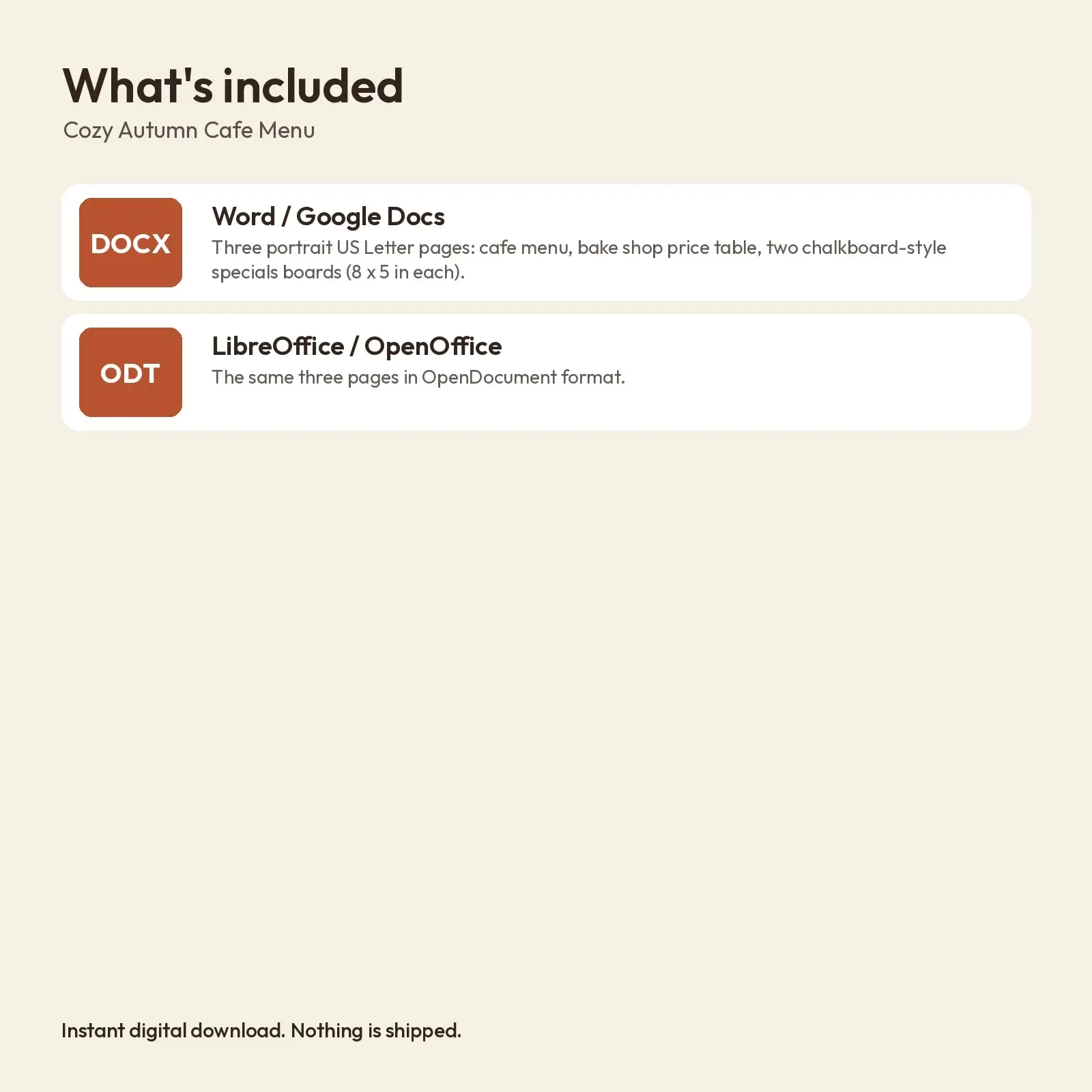 Cozy Autumn Café Menu and Bake Shop Price List Templates – Editable DOCX and ODT for Fall Markets, preview 4 of 4