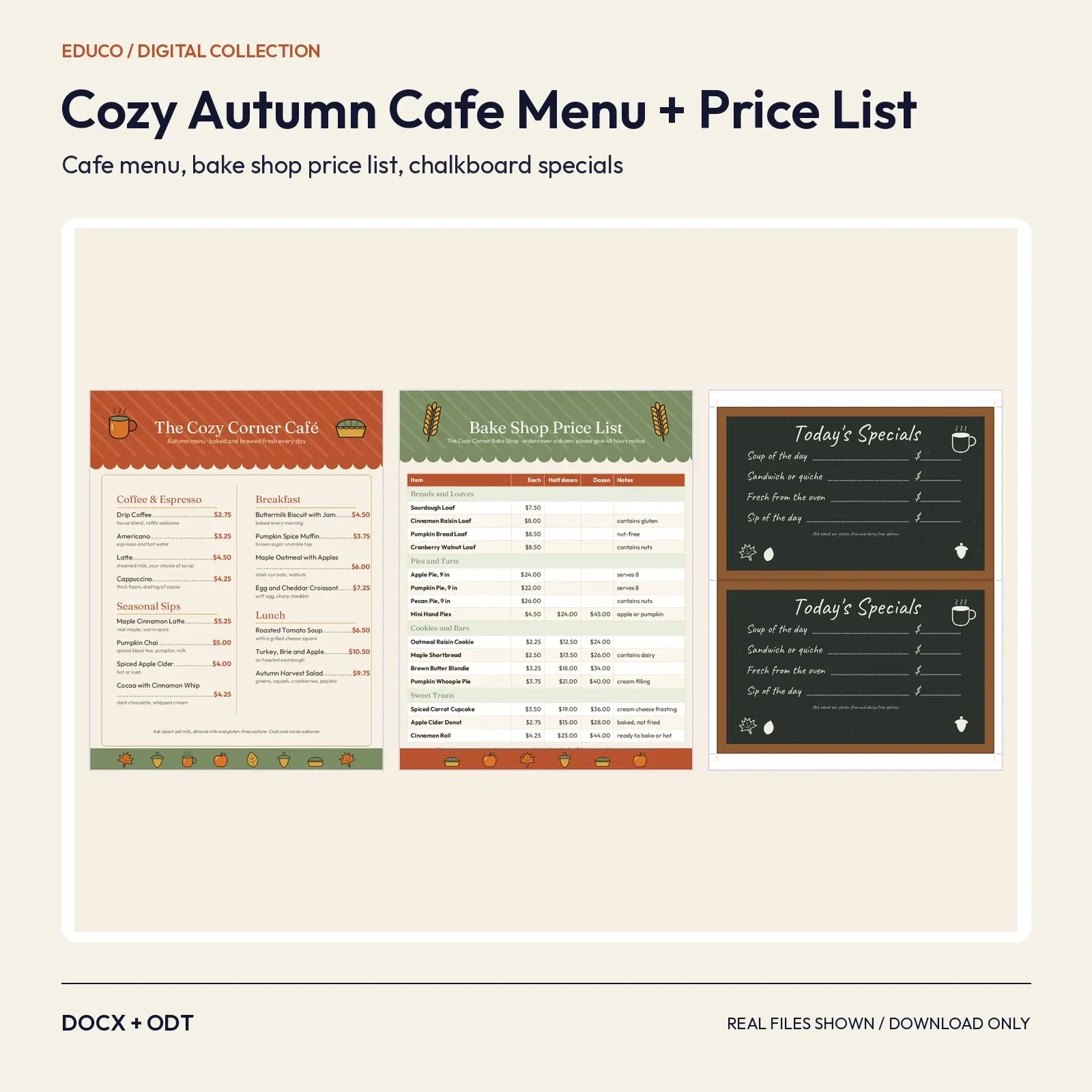 Cozy Autumn Café Menu and Bake Shop Price List Templates – Editable DOCX and ODT for Fall Markets preview