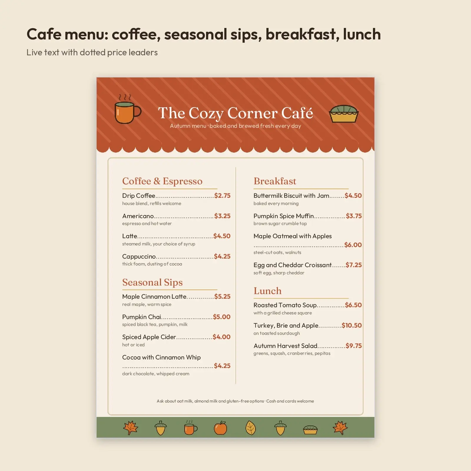 Cozy Autumn Café Menu and Bake Shop Price List Templates – Editable DOCX and ODT for Fall Markets, preview 2 of 4