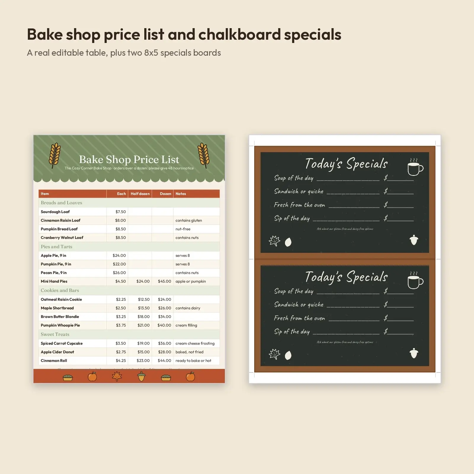 Cozy Autumn Café Menu and Bake Shop Price List Templates – Editable DOCX and ODT for Fall Markets, preview 3 of 4