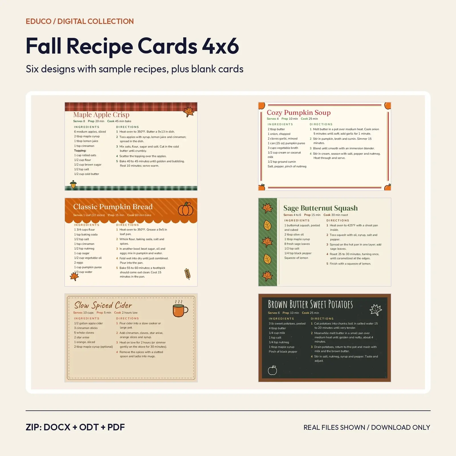 Fall Recipe Cards 4x6 – 6 Autumn Designs with Real Sample Recipes and Blank Cards, Editable DOCX, ODT and PDF preview