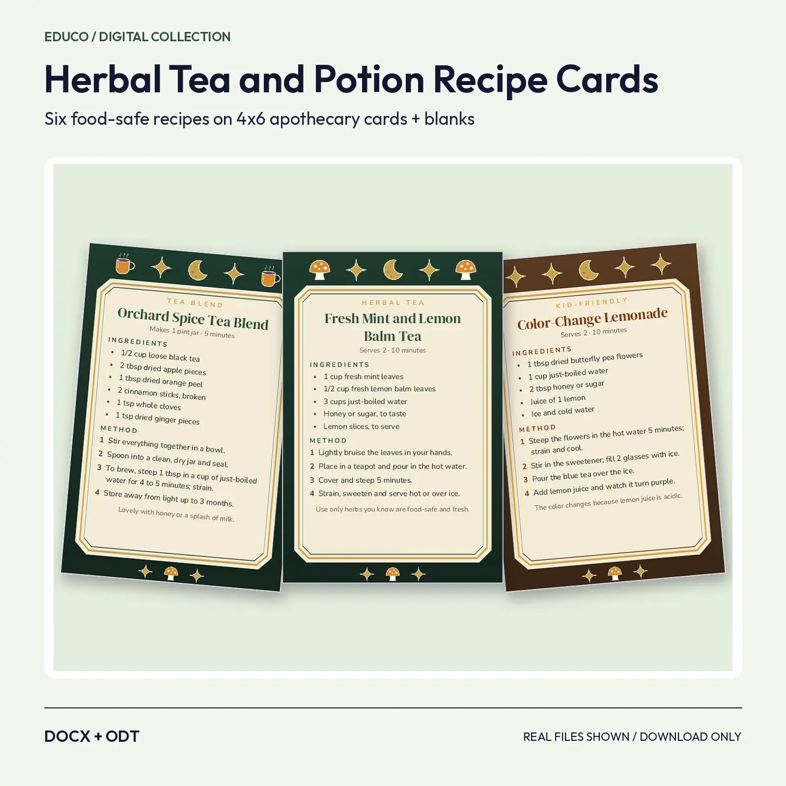 Herbal Tea and Potion Recipe Cards 4x6 – 6 Food-Safe Tea, Syrup and Spice Recipes plus Blank Cards, DOCX and ODT preview