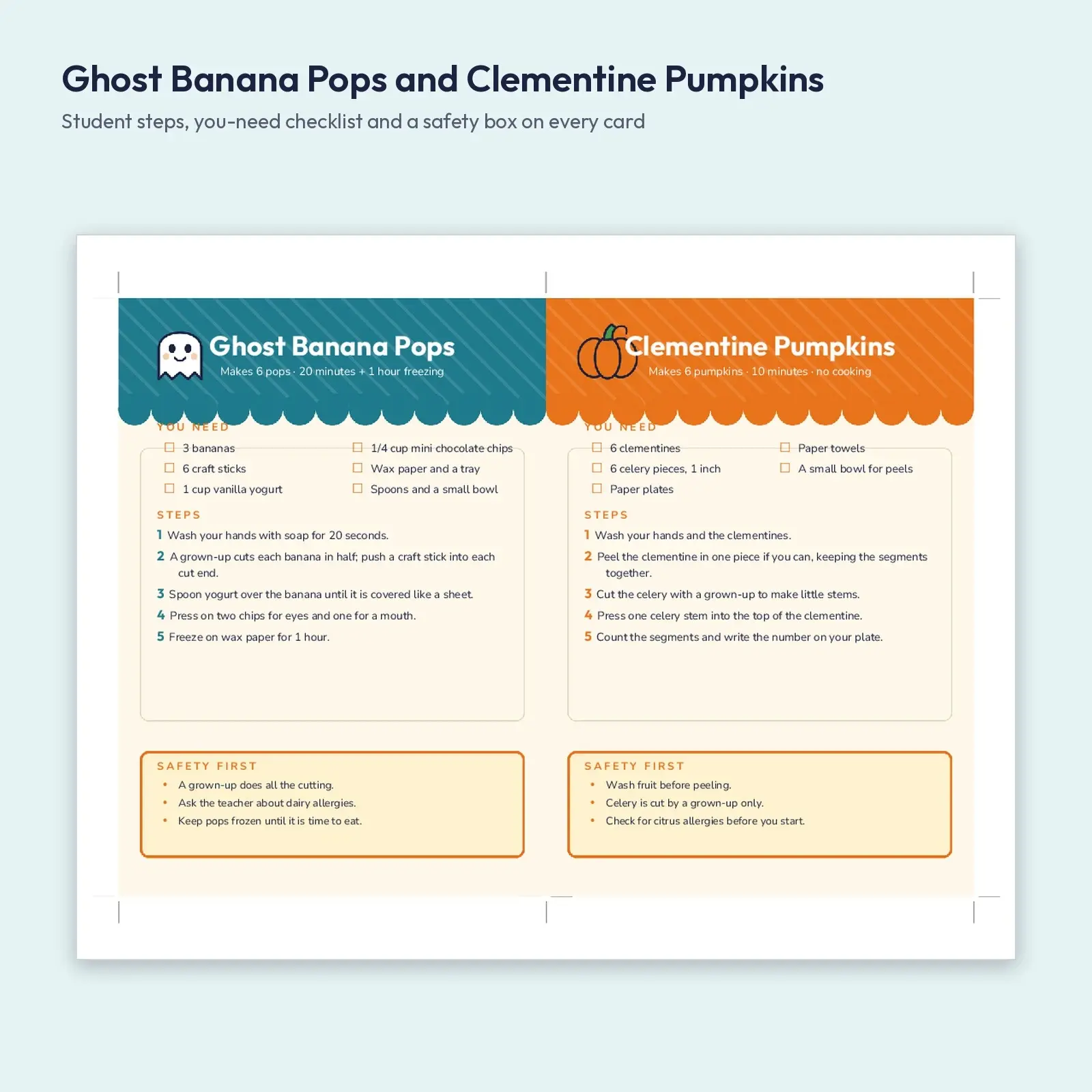 Classroom Cooking Recipe Cards – 6 Spooky Treats with Student Steps and Safety Notes, Editable DOCX, ODT and PDF, preview 2 of 4