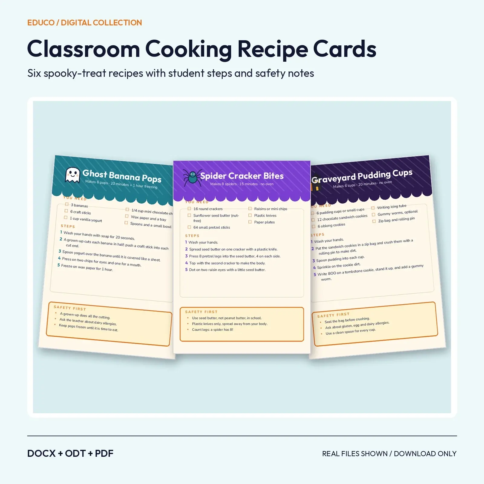 Classroom Cooking Recipe Cards – 6 Spooky Treats with Student Steps and Safety Notes, Editable DOCX, ODT and PDF, preview 1 of 4