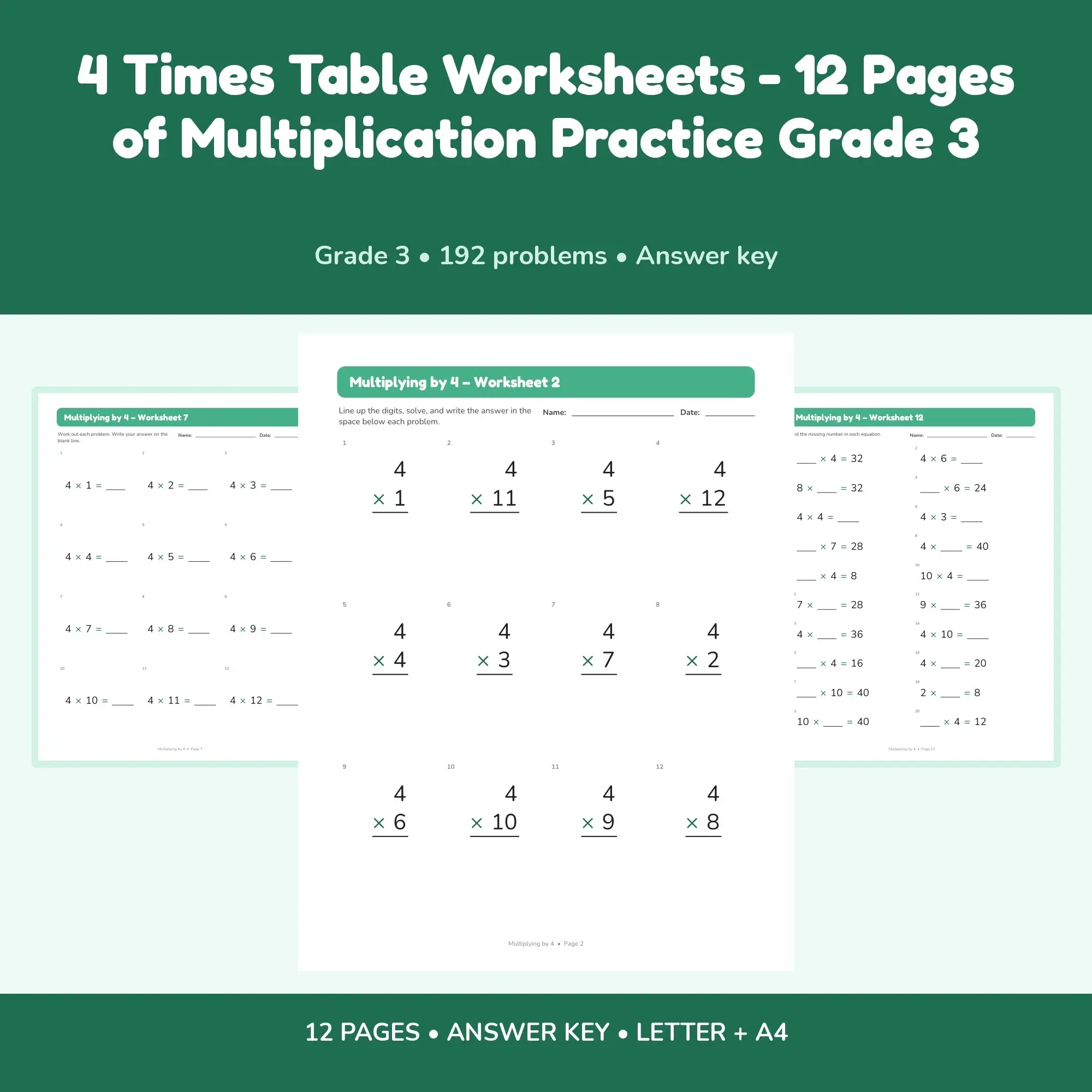 4 Times Table Worksheets - 12 Pages of Multiplication Practice Grade 3 preview