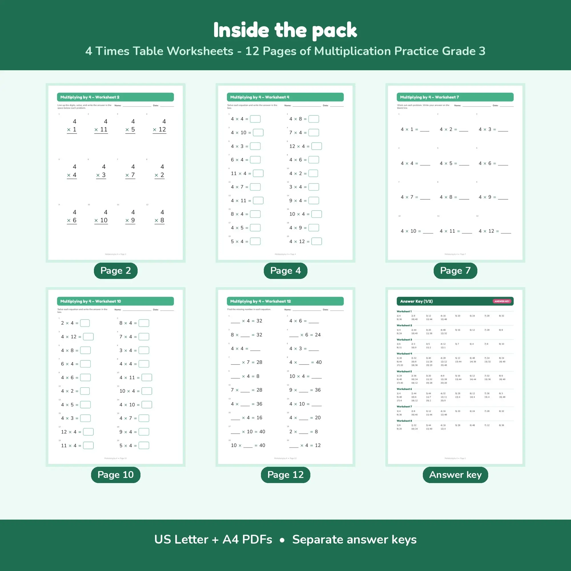4 Times Table Worksheets - 12 Pages of Multiplication Practice Grade 3, preview 2 of 2