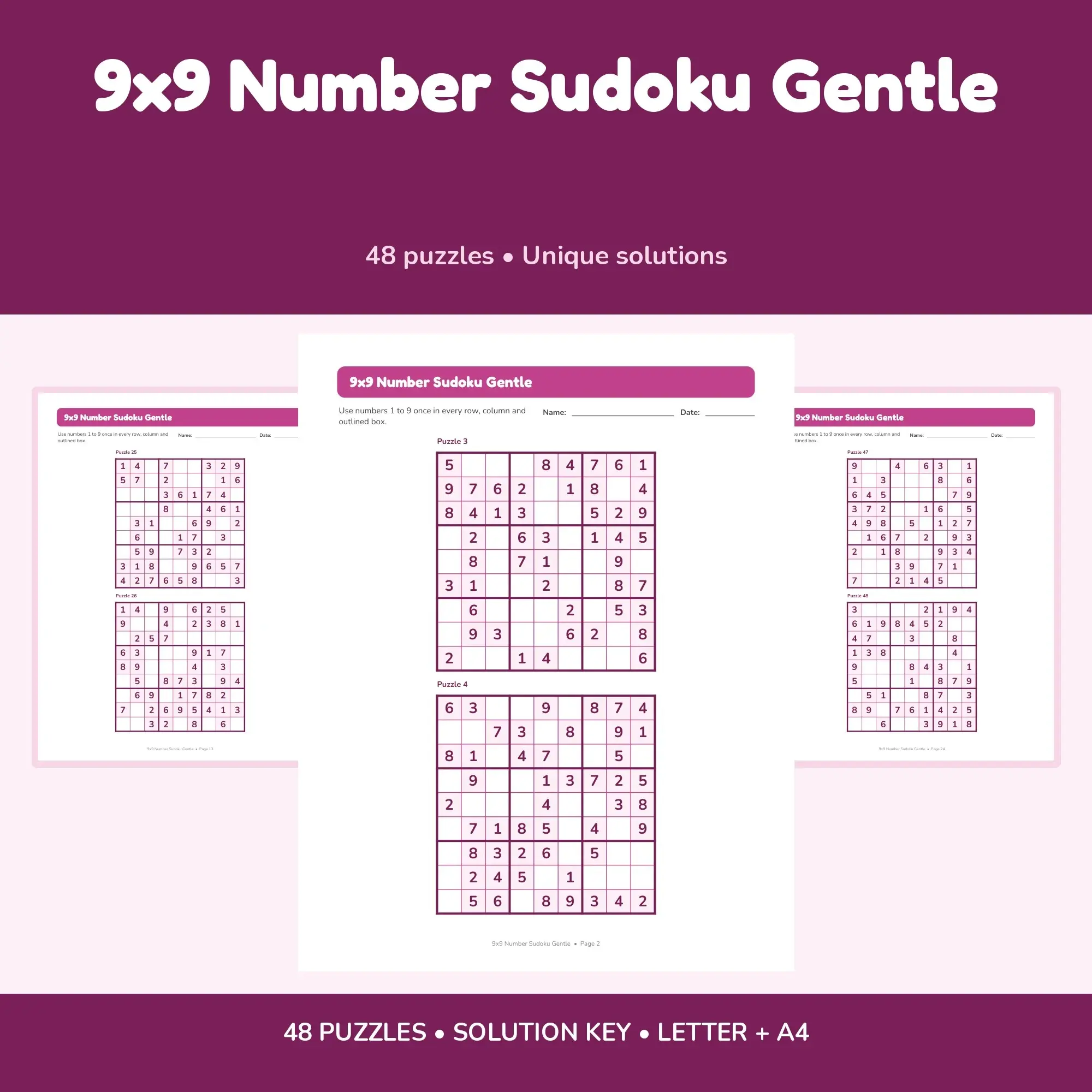 9x9 Number Sudoku Gentle - 48 Puzzles + Solutions, preview 1 of 2