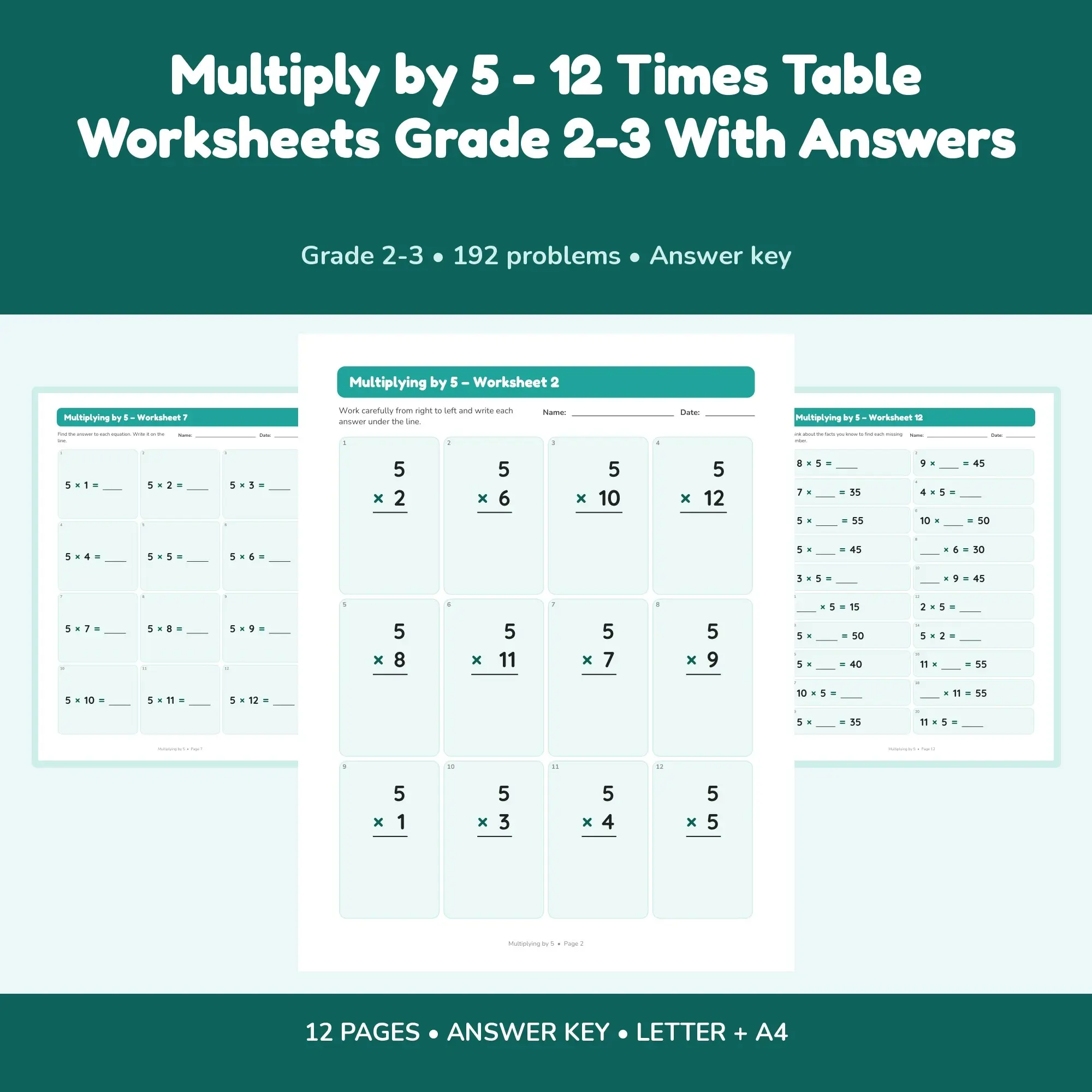 Multiply by 5 - 12 Times Table Worksheets Grade 2-3 With Answers preview
