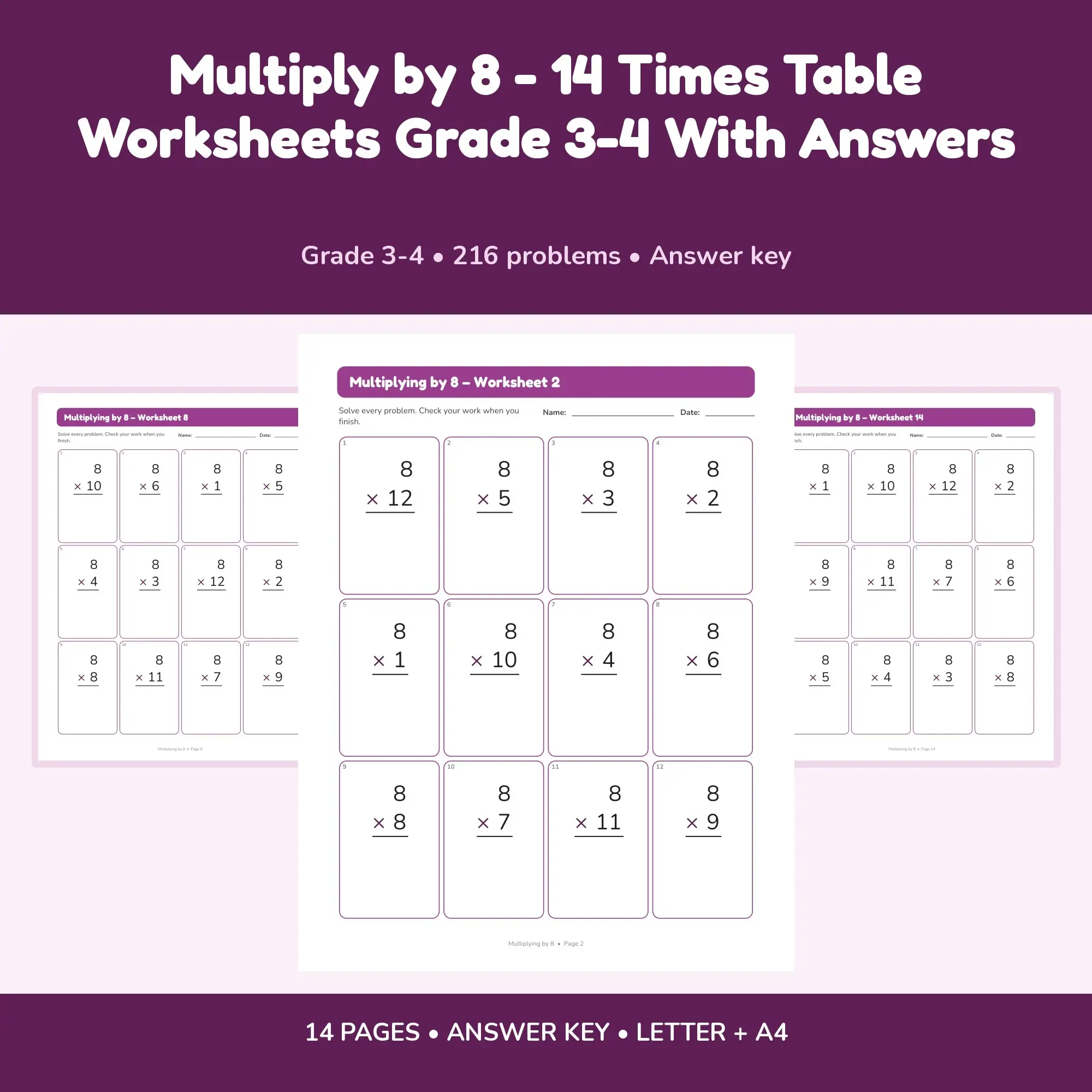 Multiply by 8 - 14 Times Table Worksheets Grade 3-4 With Answers preview