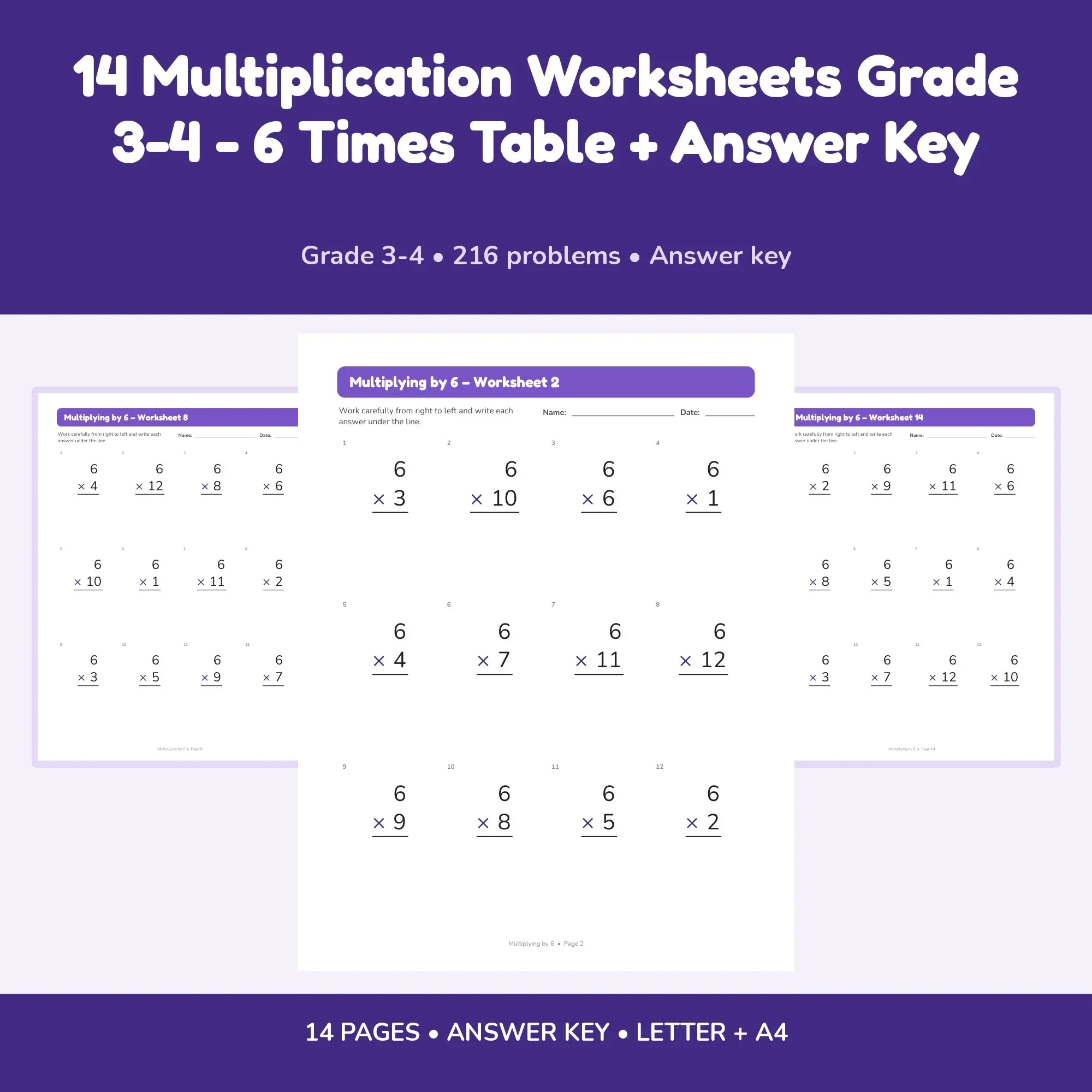 14 Multiplication Worksheets Grade 3-4 - 6 Times Table + Answer Key preview
