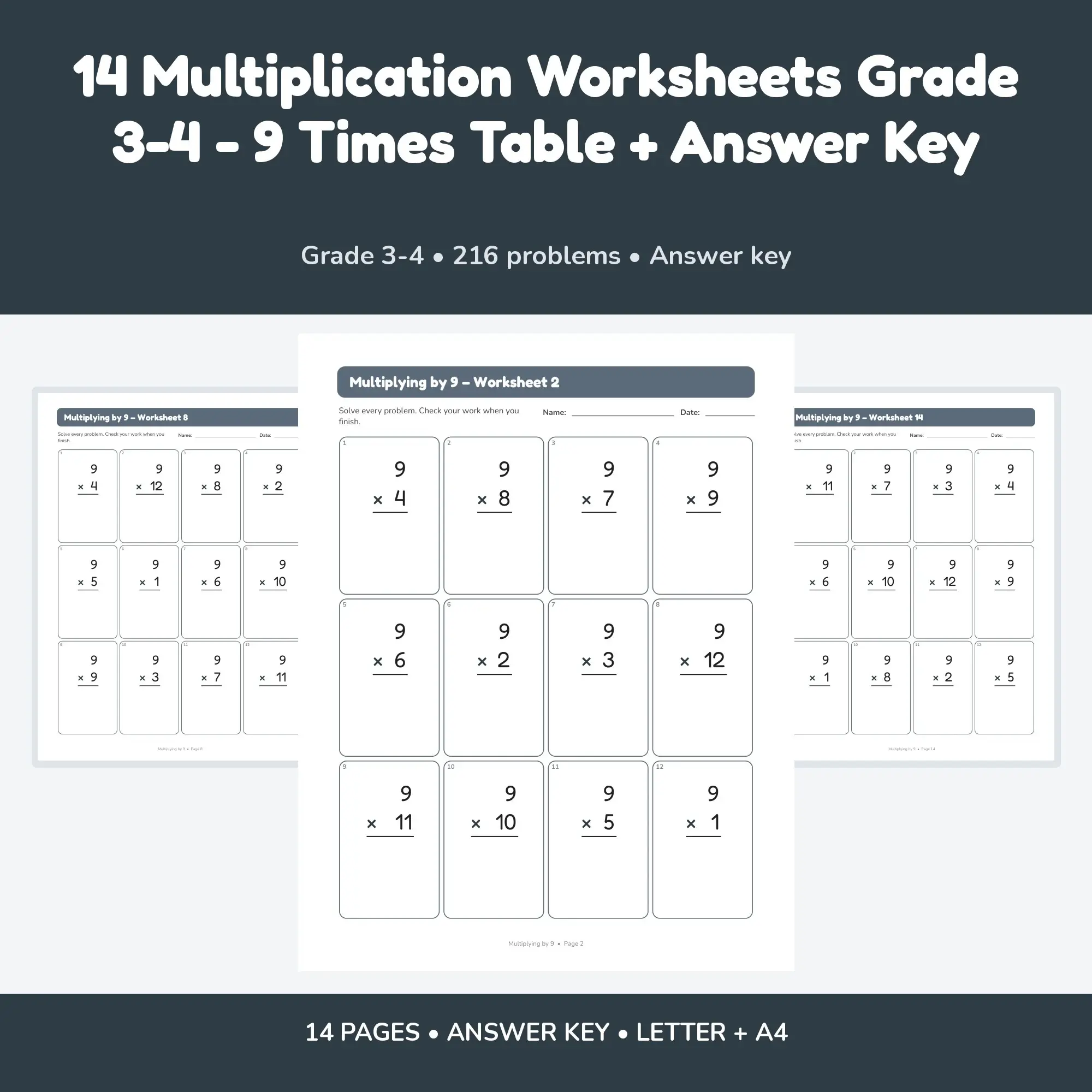 14 Multiplication Worksheets Grade 3-4 - 9 Times Table + Answer Key preview