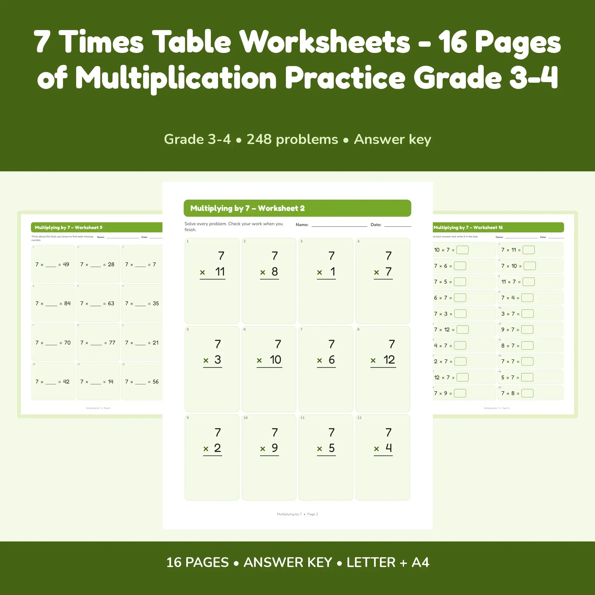 7 Times Table Worksheets - 16 Pages of Multiplication Practice Grade 3-4 preview