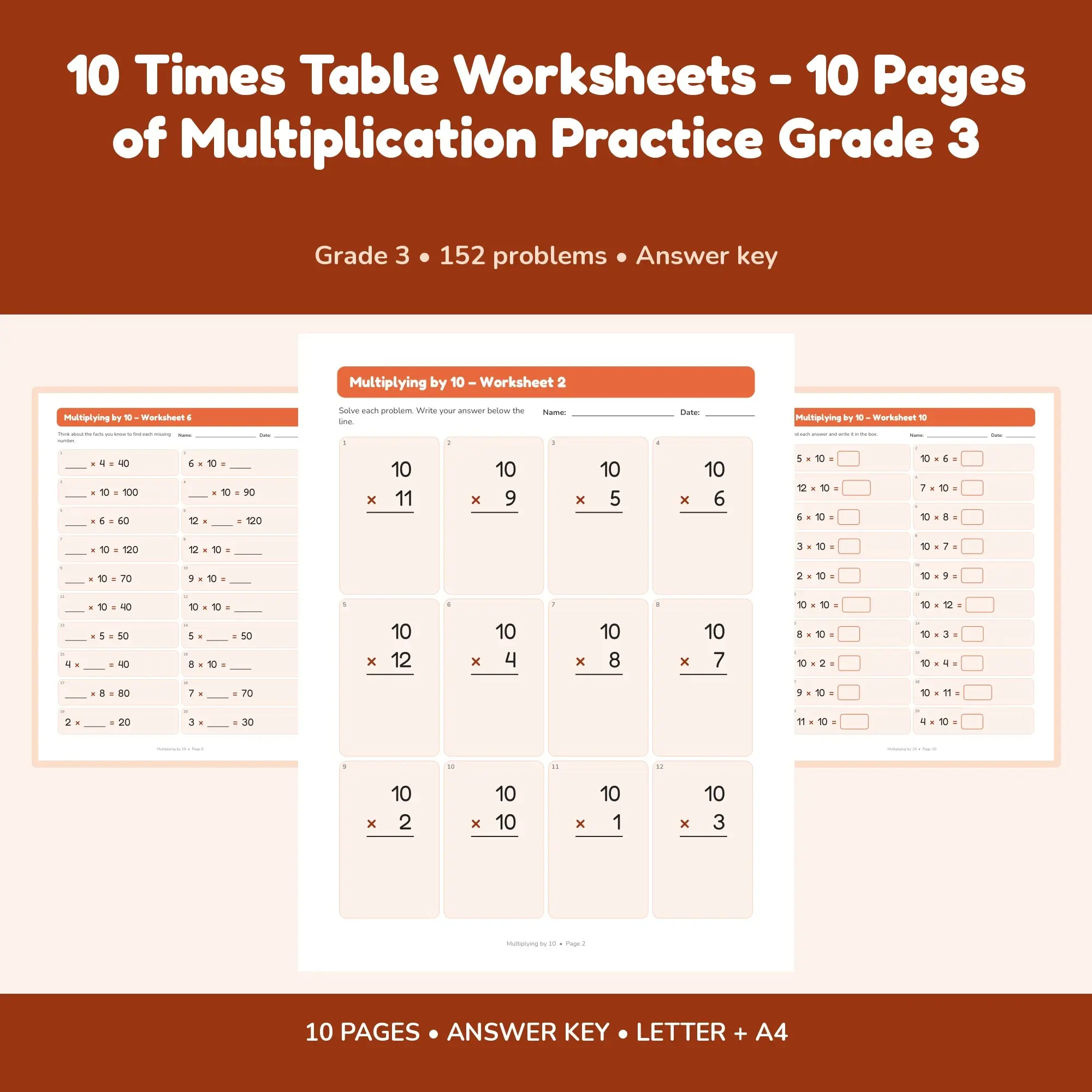 10 Times Table Worksheets - 10 Pages of Multiplication Practice Grade 3 preview