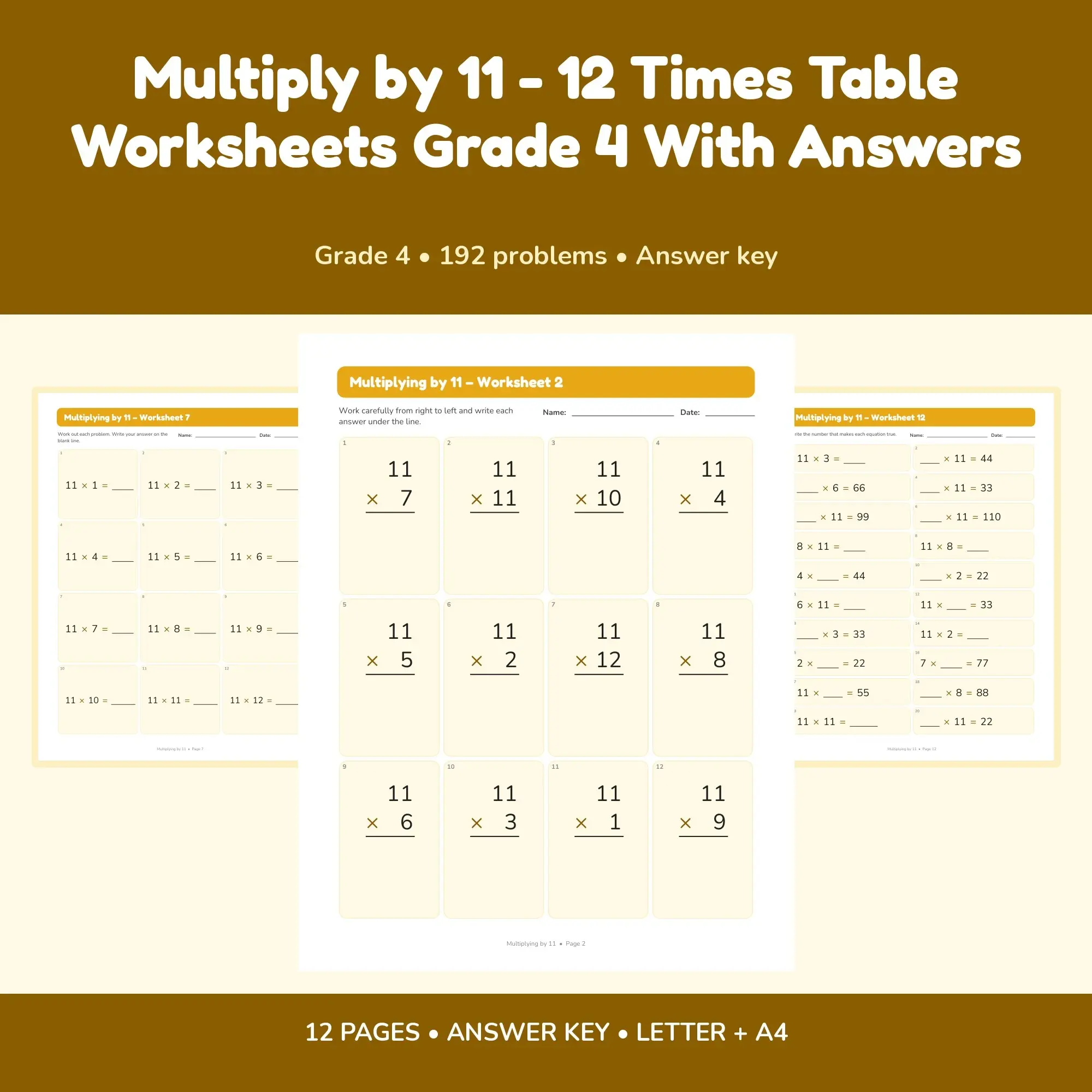 Multiply by 11 - 12 Times Table Worksheets Grade 4 With Answers preview