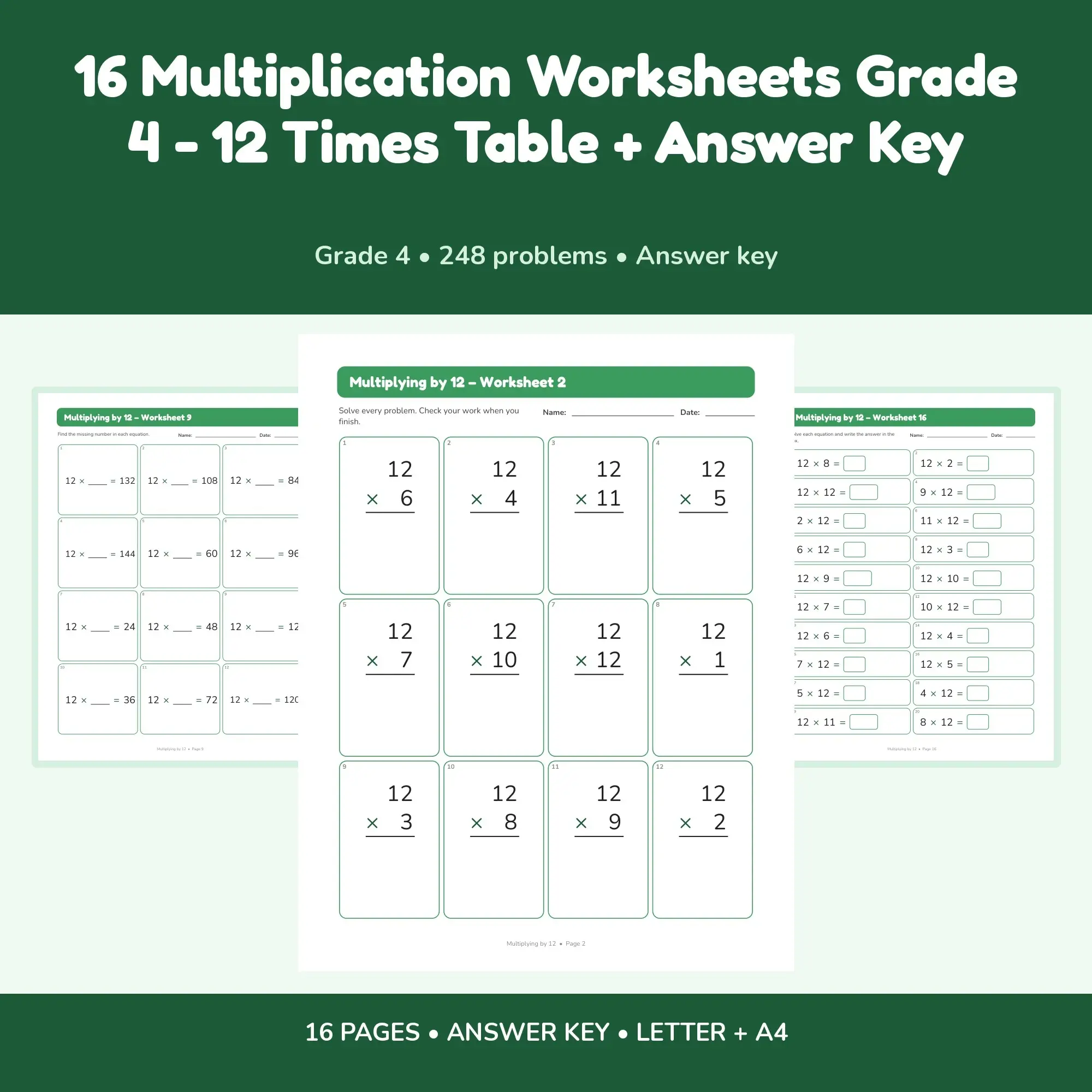 16 Multiplication Worksheets Grade 4 - 12 Times Table + Answer Key preview