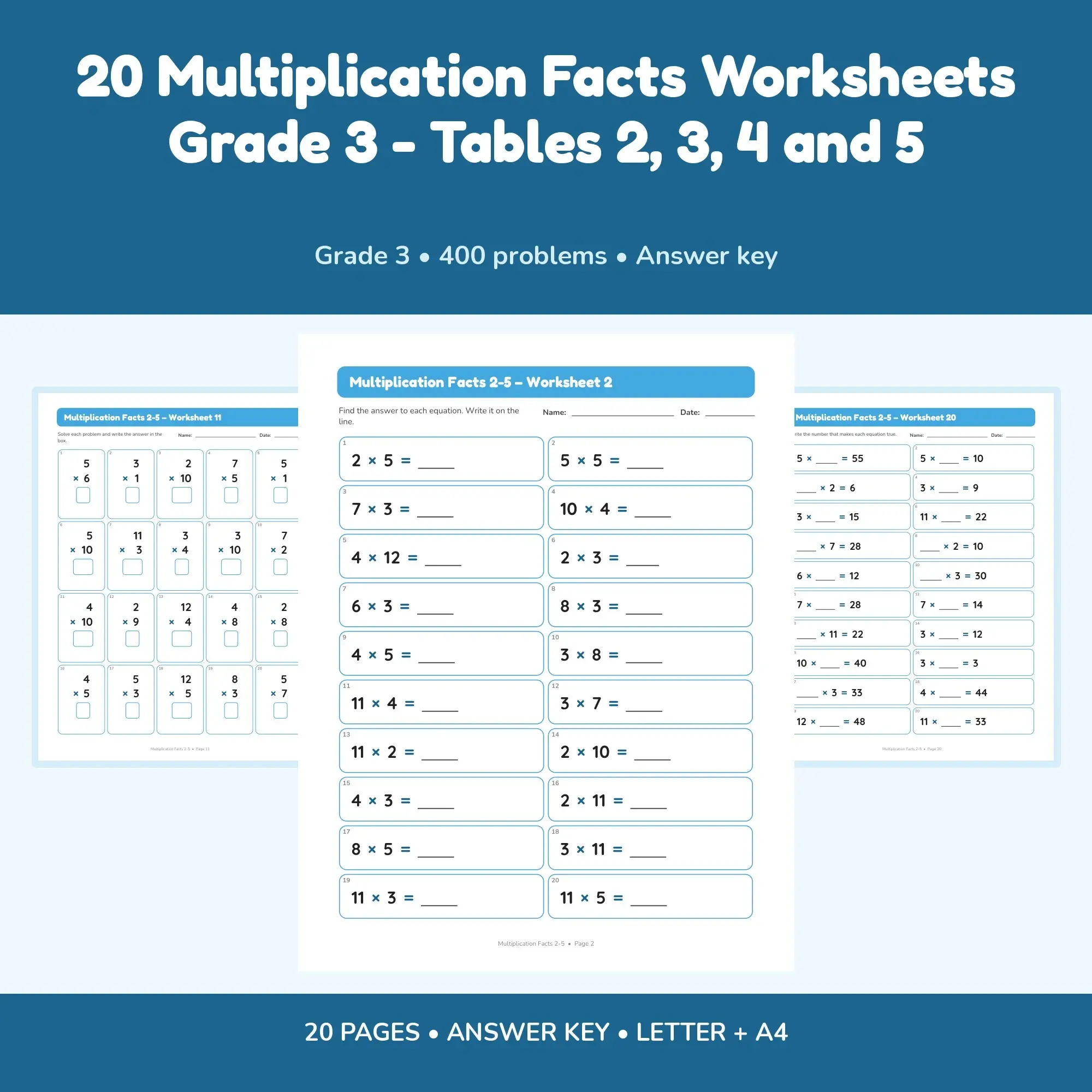 20 Multiplication Facts Worksheets Grade 3 - Tables 2, 3, 4 and 5 preview