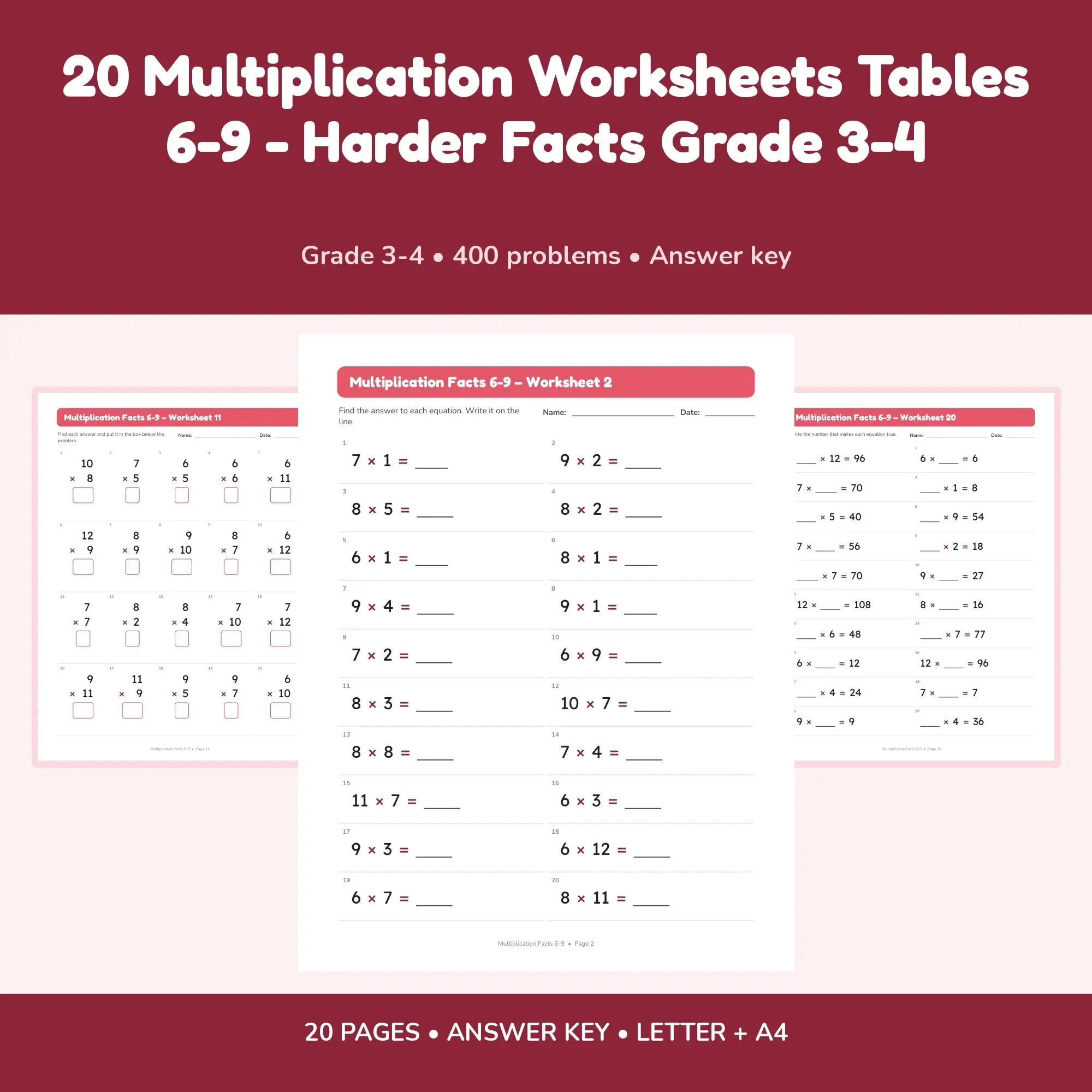 20 Multiplication Worksheets Tables 6-9 - Harder Facts Grade 3-4 preview