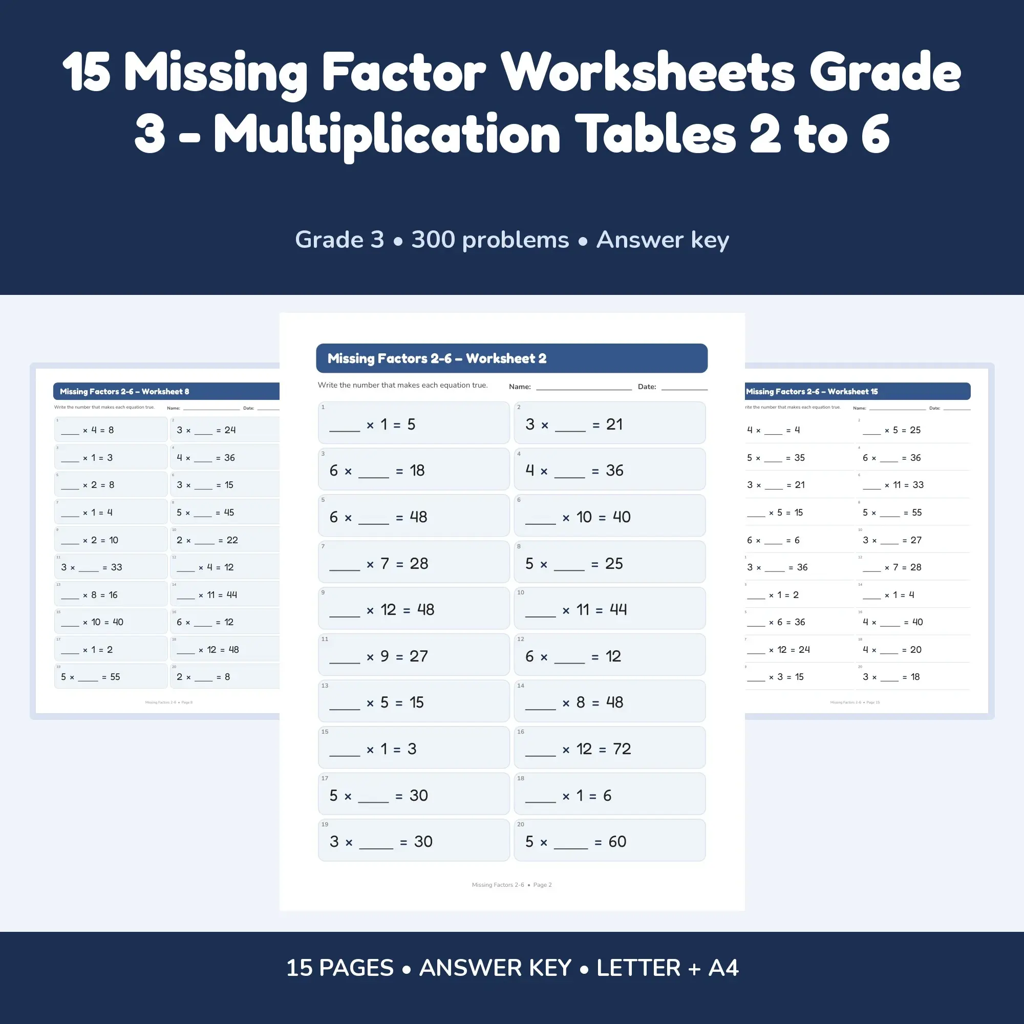 15 Missing Factor Worksheets Grade 3 - Multiplication Tables 2 to 6 preview