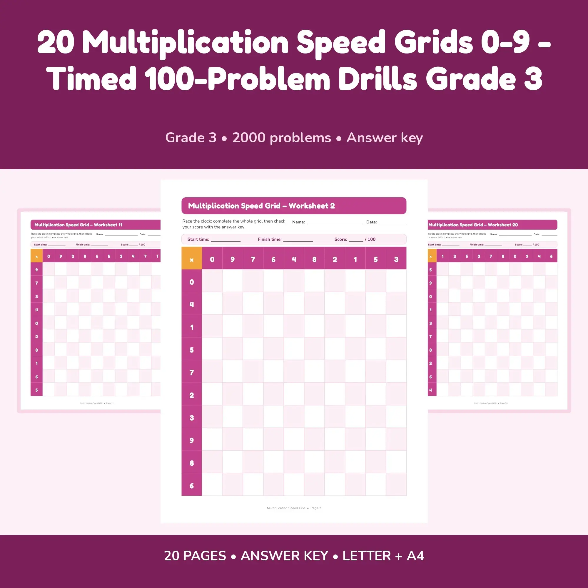 20 Multiplication Speed Grids 0-9 - Timed 100-Problem Drills Grade 3 preview