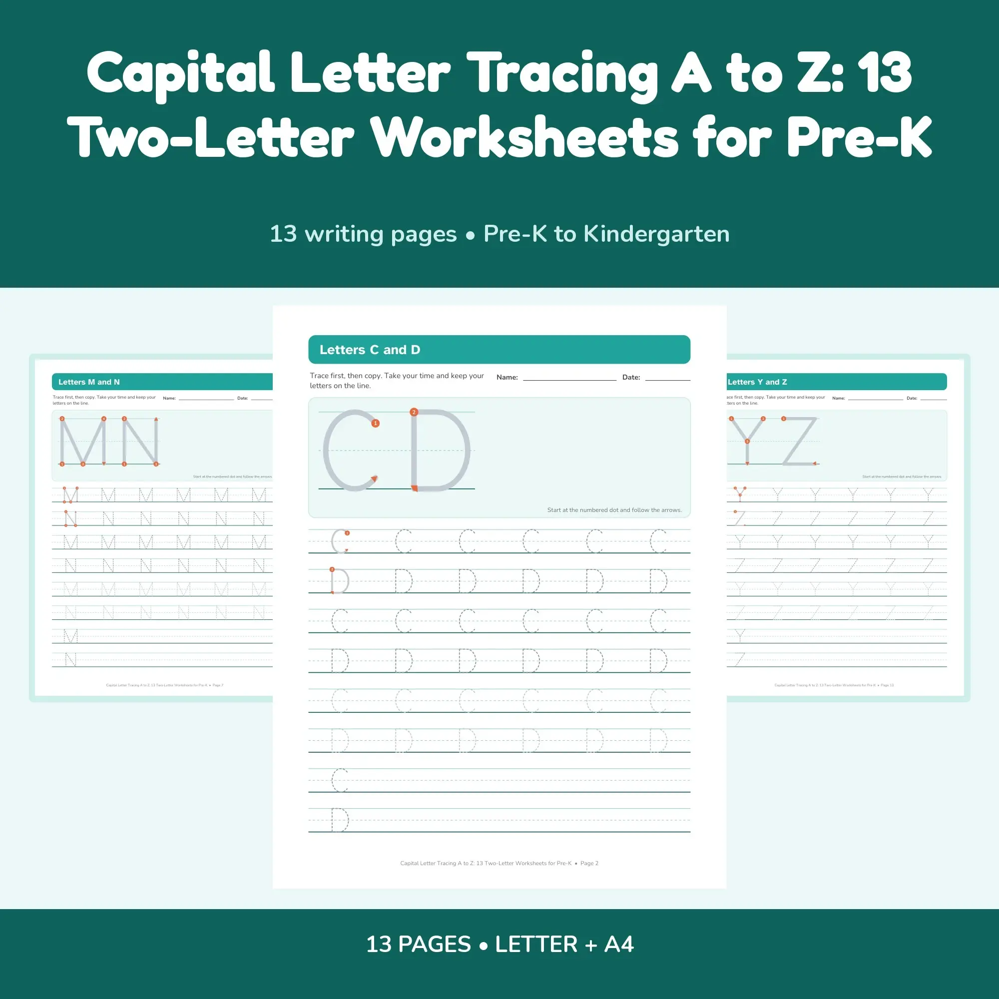 Capital Letter Tracing A to Z: 13 Two-Letter Worksheets for Pre-K preview