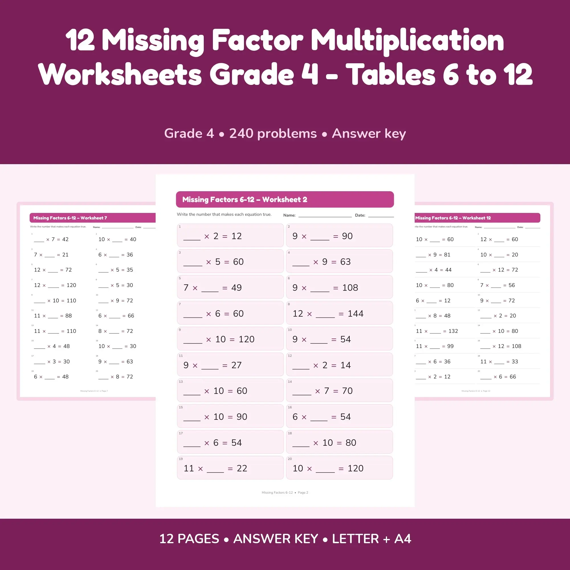 12 Missing Factor Multiplication Worksheets Grade 4 - Tables 6 to 12 preview