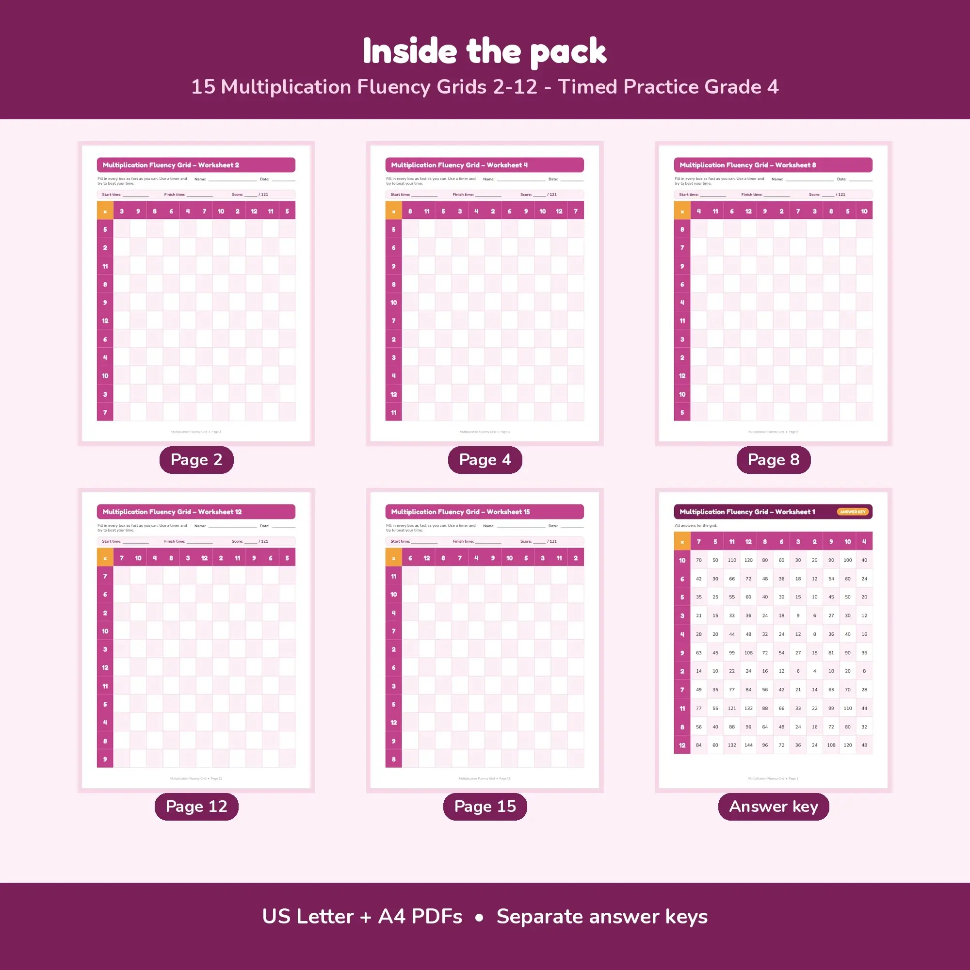 15 Multiplication Fluency Grids 2-12 - Timed Practice Grade 4, preview 2 of 2