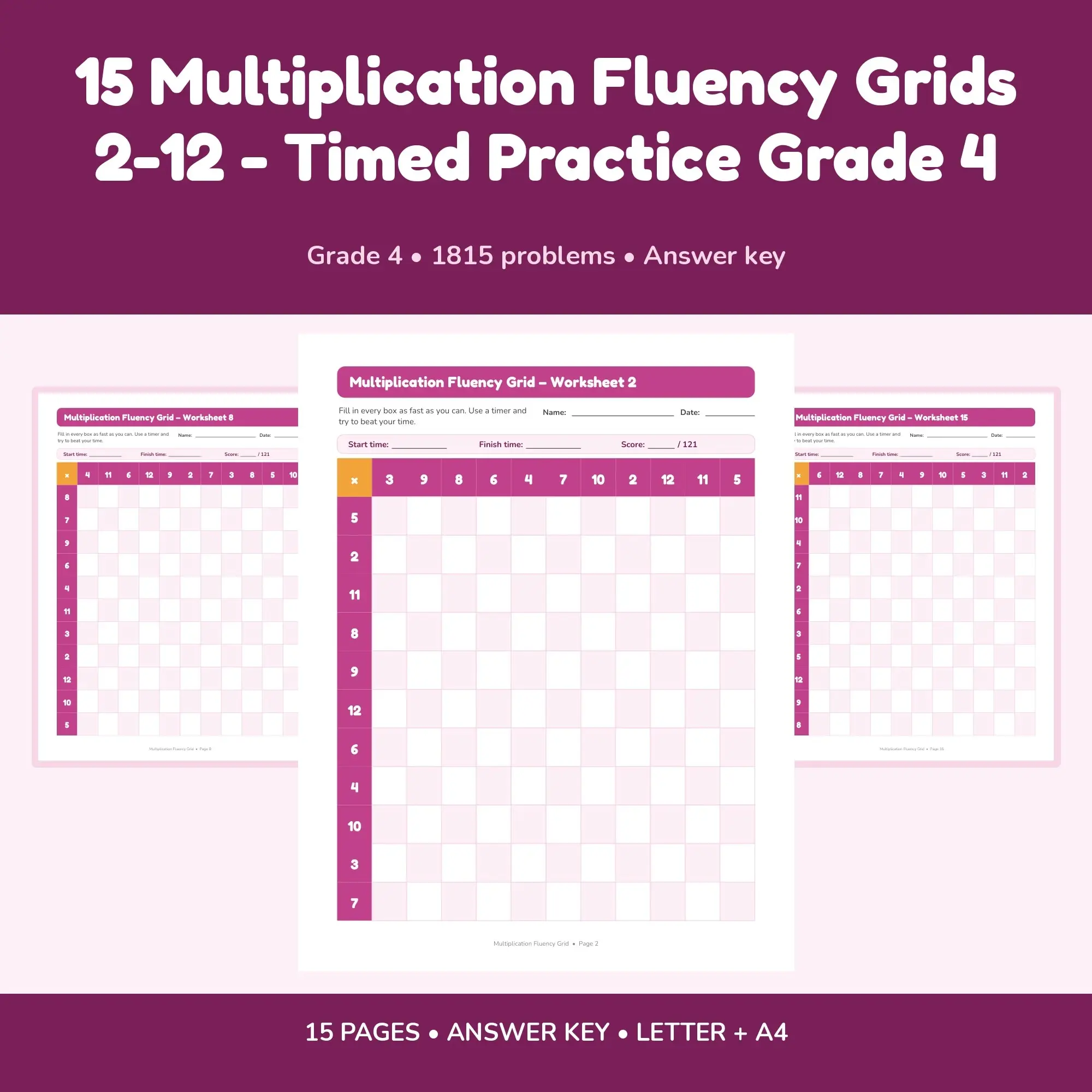 15 Multiplication Fluency Grids 2-12 - Timed Practice Grade 4, preview 1 of 2