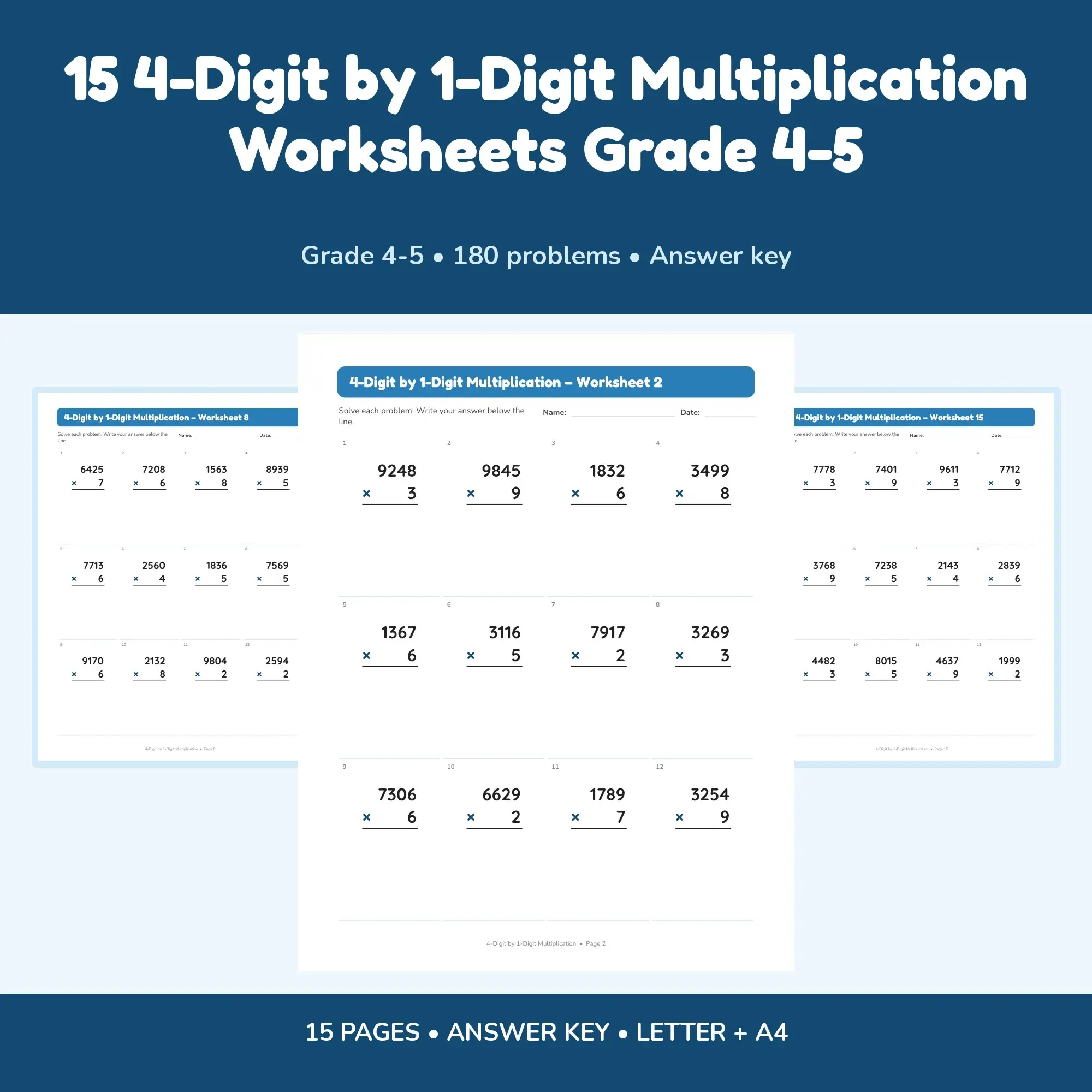 15 4-Digit by 1-Digit Multiplication Worksheets Grade 4-5 preview