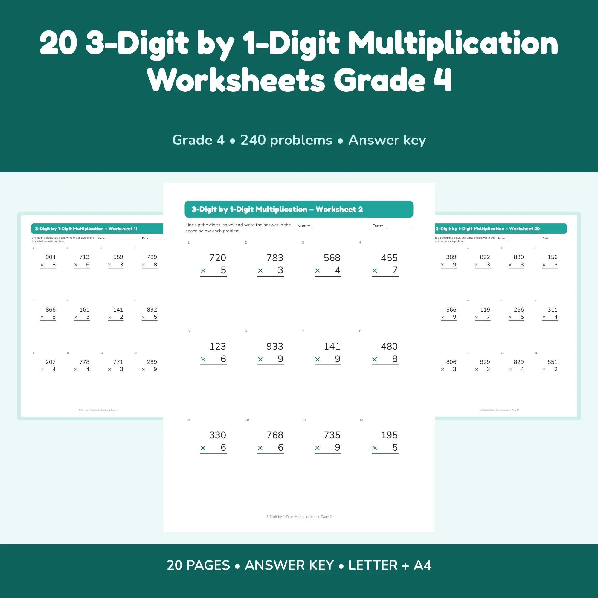 20 3-Digit by 1-Digit Multiplication Worksheets Grade 4 preview
