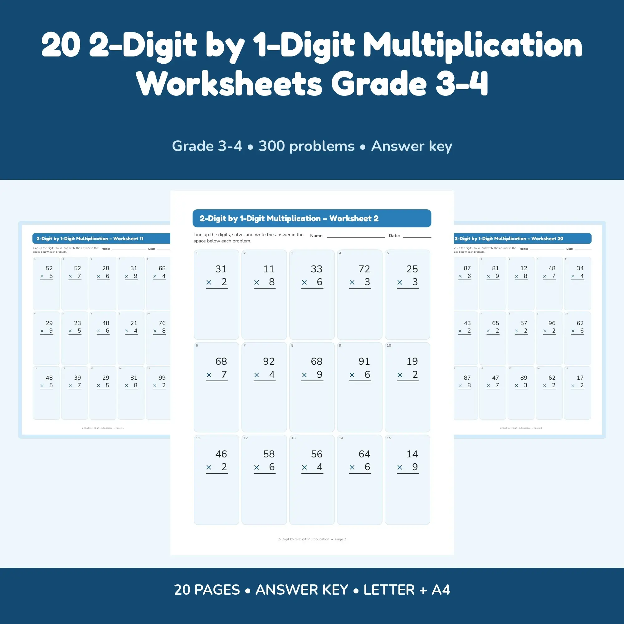 20 2-Digit by 1-Digit Multiplication Worksheets Grade 3-4 preview