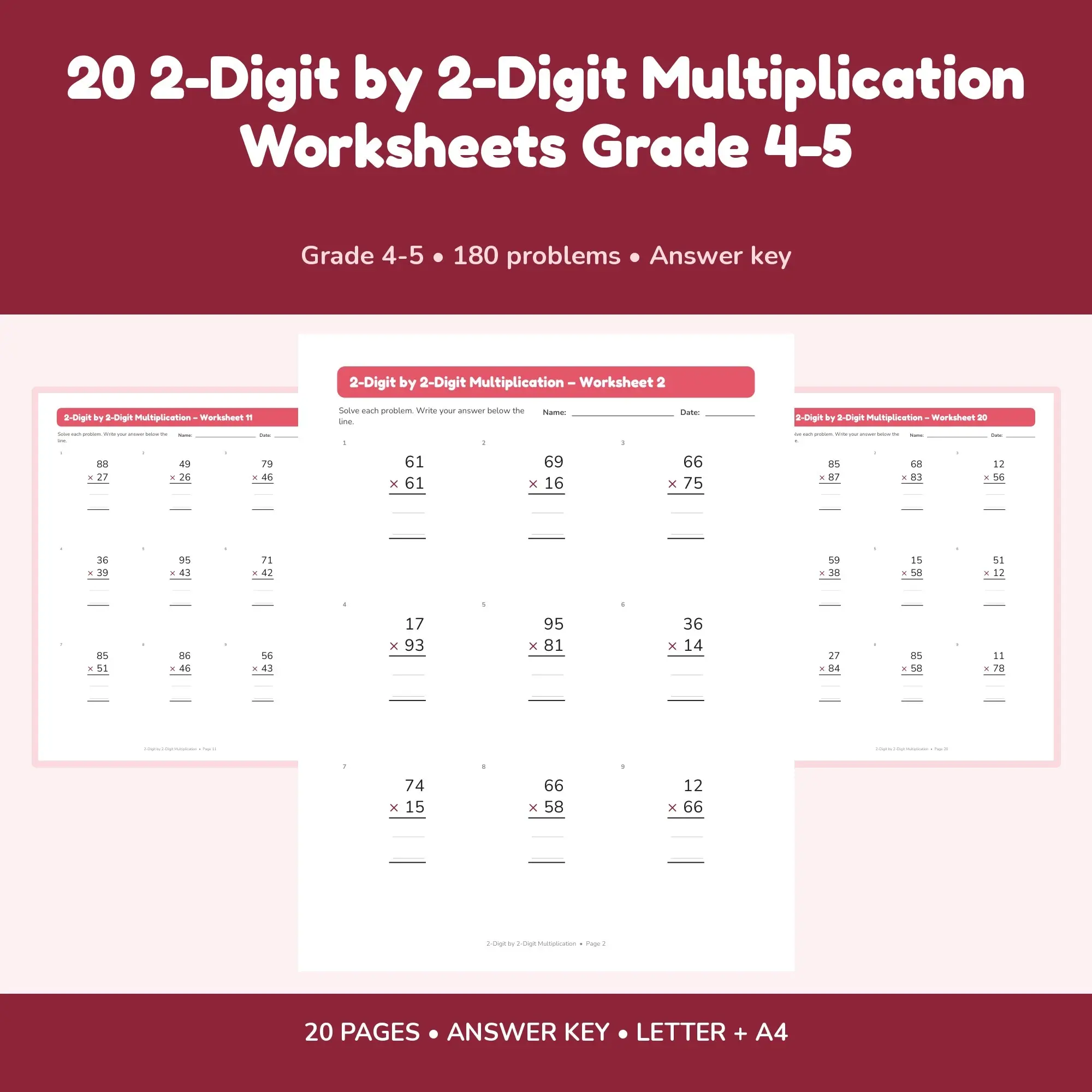 20 2-Digit by 2-Digit Multiplication Worksheets Grade 4-5 preview