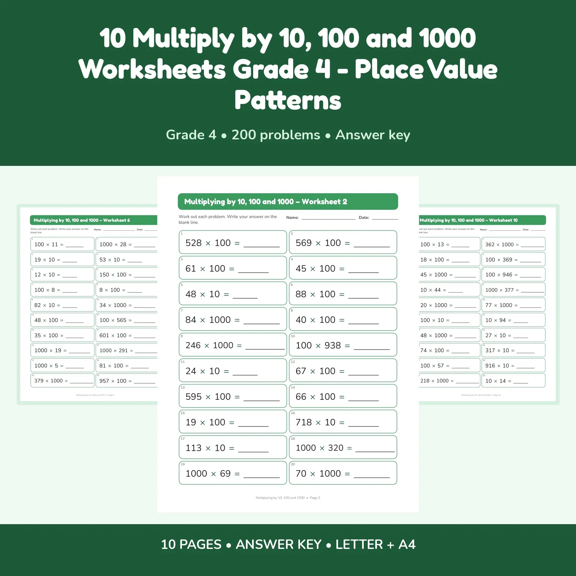 10 Multiply by 10, 100 and 1000 Worksheets Grade 4 - Place Value Patterns preview